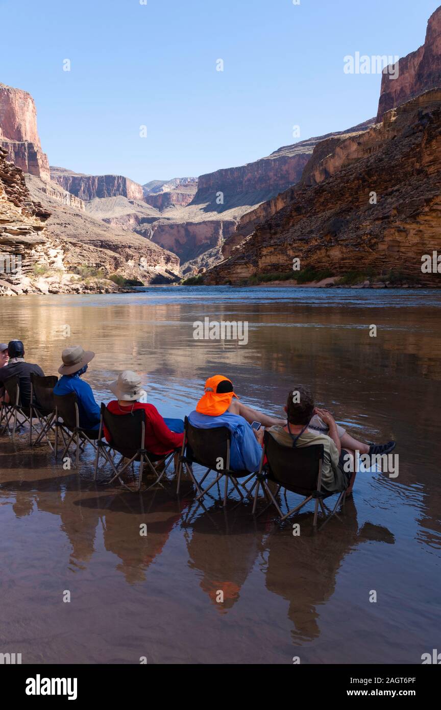 Chilling at Sandpile Camp, Colorado River, Grand Canyon National Park, Arizona Stock Photo