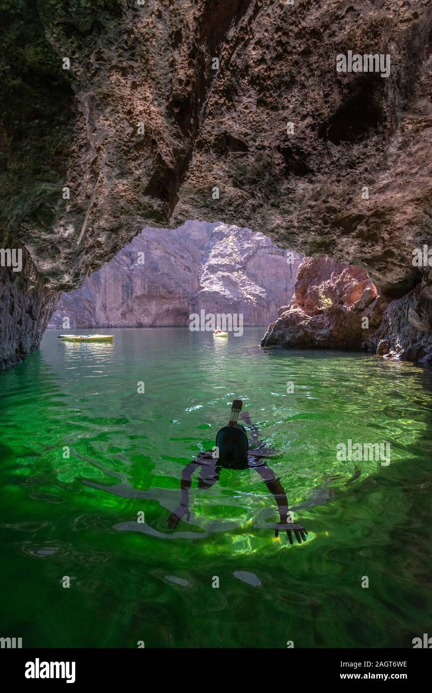 Snorkeling in Emerald Cave, Colorado River in Black Canyon, Arizona Stock Photo