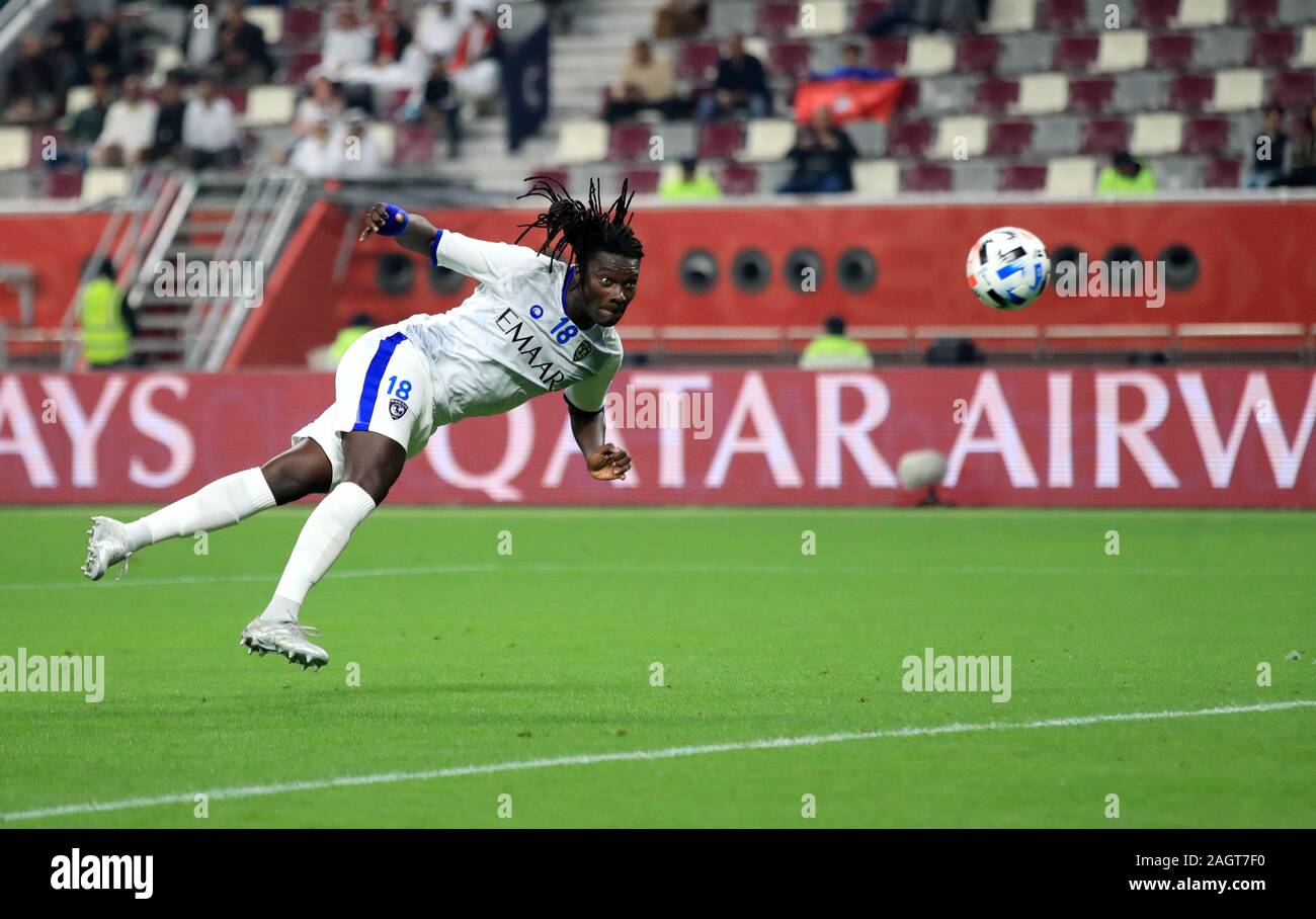 Al Hilal FCs Bafetimbi Gomis scores his sides second goal of the game during the FIFA Club World Cup third place match at the Khalifa International Stadium, Doha Stock Photo