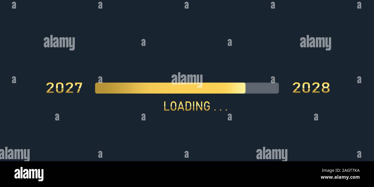 Golden loading progress bar of 2027, 2028, happy new years isolated on dark background. Stock Photo