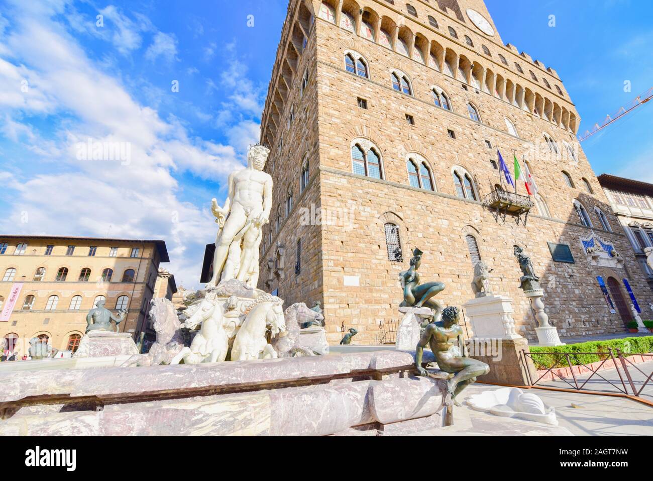 Fountain of Neptune in Front of Palazzo Vecchio at Piazza della Signoria in Italy Stock Photo