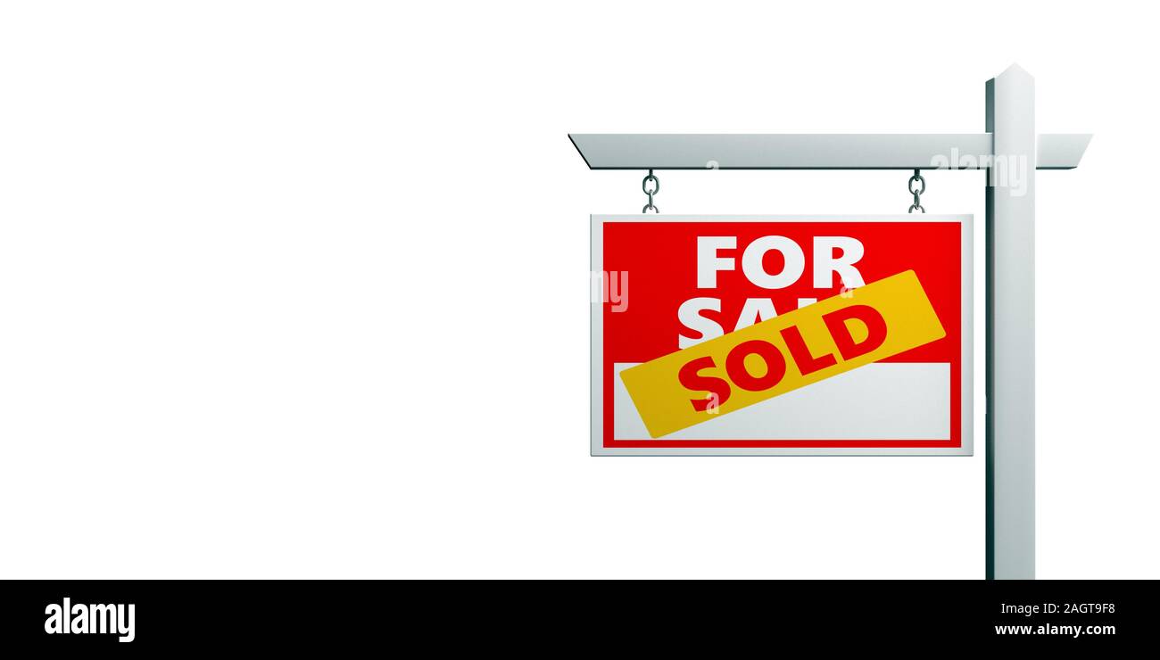 Sold sign over for sale sign isolated against white background. Real estate concept, copy space. 3d illustration Stock Photo