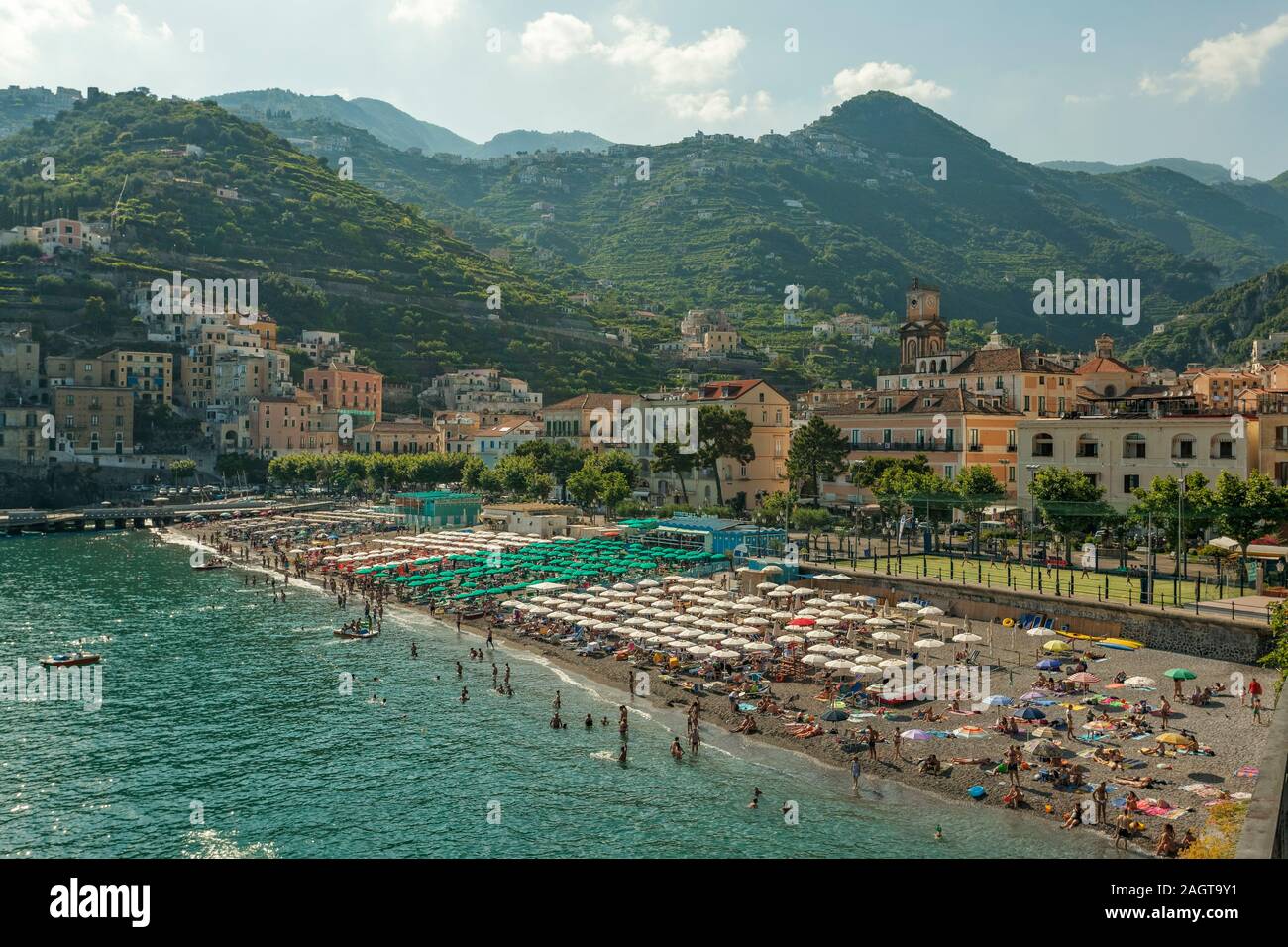 Minori promeneade and beach, Amalfi Coast, Salerno, Campania, Italy Stock Photo