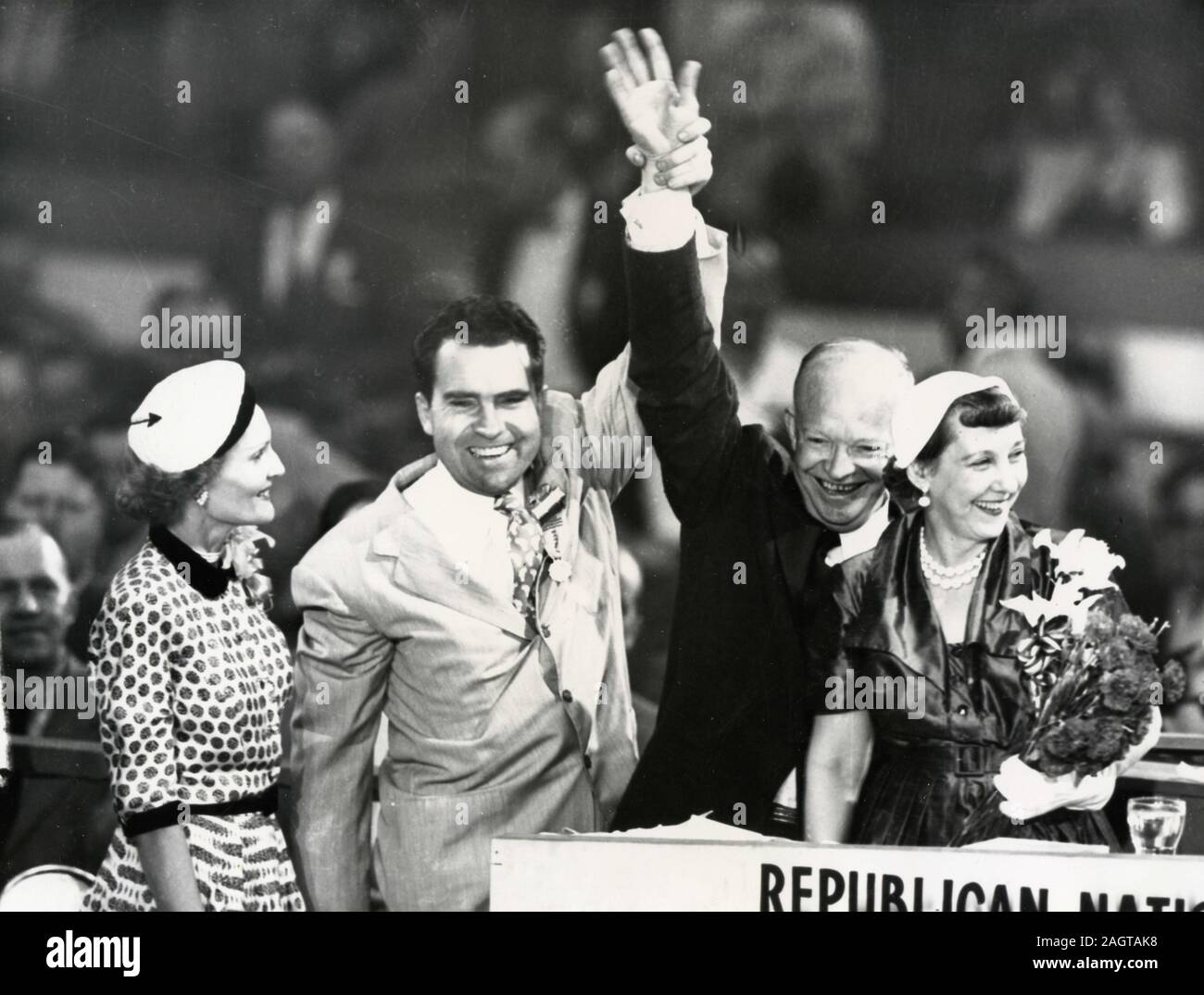 Vice presidential candidate Richard Nixon holds up hand of presidential candidate Dwight Eisenhower, Chicago USA 1952 Stock Photo