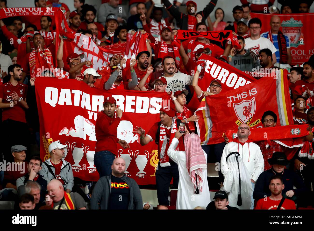 Liverpool fans in the stands ahead of the FIFA Club World Cup final at the Khalifa International Stadium, Doha. Stock Photo