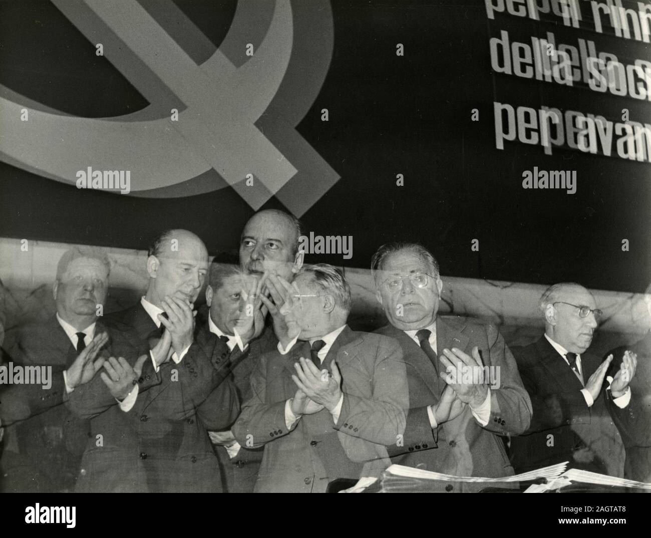 Italian politicians Amendola, Pajetta, Palmiro Togliatti, and Scoccimarro during the communist party congress, Rome, Italy 1960s Stock Photo