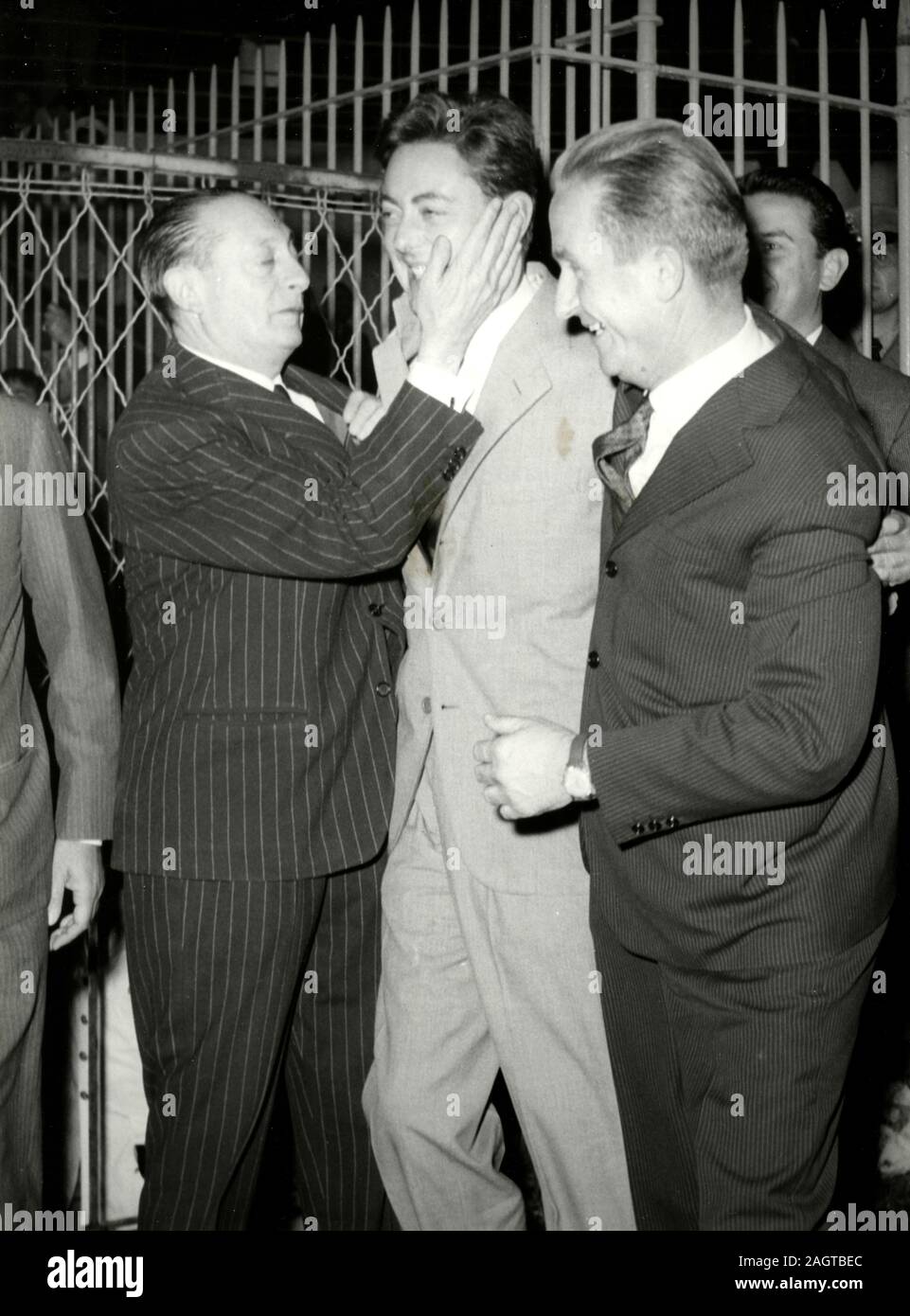 Italian politician Alberto Folchi congratulates with Umberto Agnelli for the Juventus football team, Turin, Italy 1960s Stock Photo