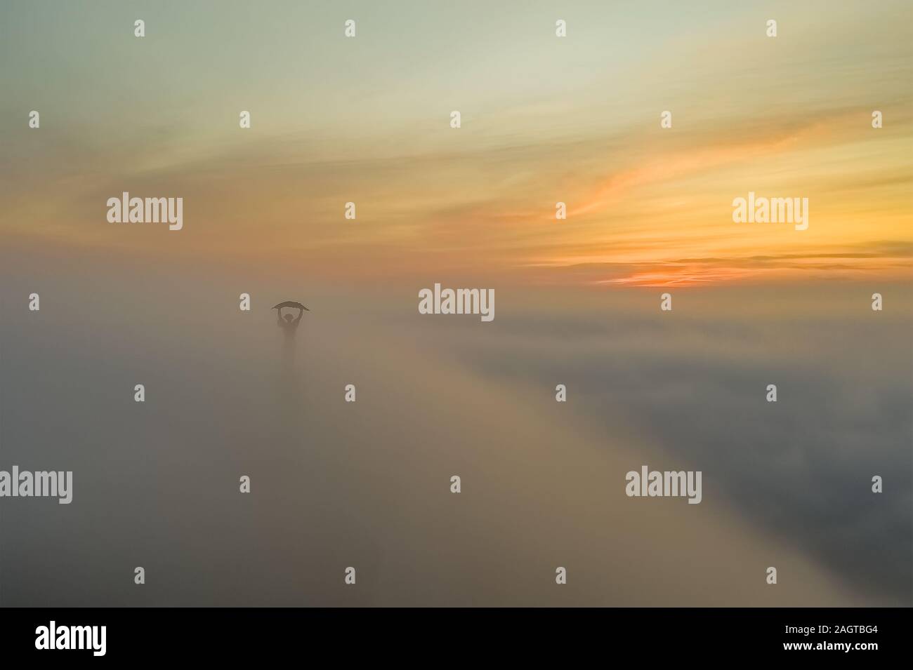 Moody foggy morning in Citadella. Budapest. Hungary. 2019 Winter. Rising sun. fog. mist. Liberty bridge. Bad weather Stock Photo