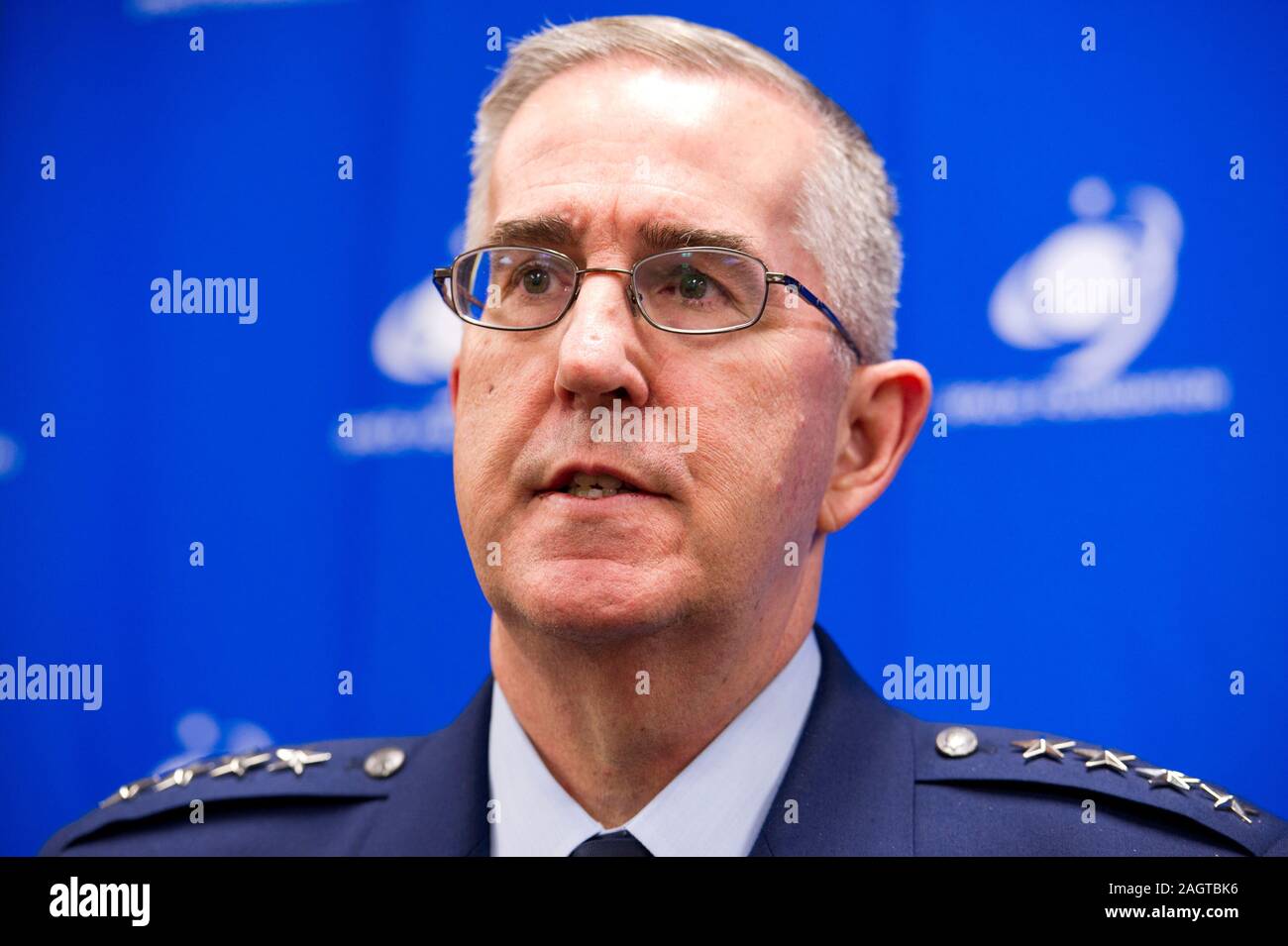 US Air Force General and Vice-Chairman of the Joint Chiefs of Staff John Hyten speaks during a press conference about space at the 2019 Space Symposium in Colorado Springs USA. Stock Photo