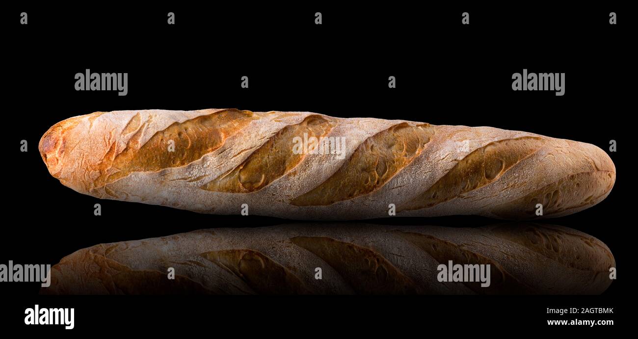 French baguette with reflection isolated on a black background Stock ...