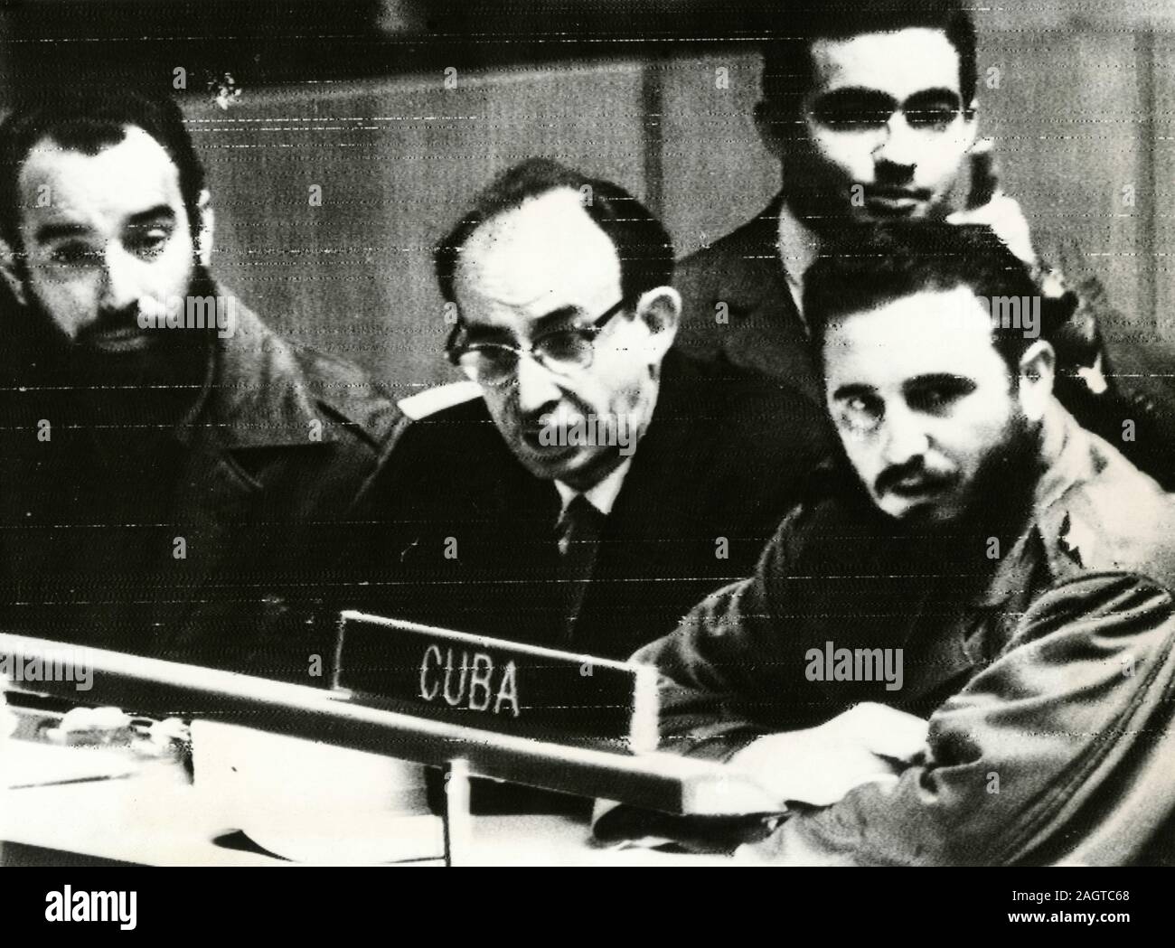 Cuban delegation at the United Nations: from left Antonio Munoz Jimenez Minister of Agriculture, M. Roa Minister of Foreign Affairs, and Fidel Castro, New Yourk, USA 1960 Stock Photo