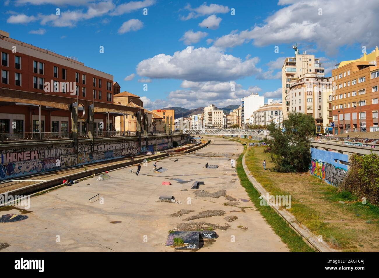 NH hotel and Guadalmedina river channel. Málaga capital, Costa del Sol, Andalusia south of Spain. Europe Stock Photo