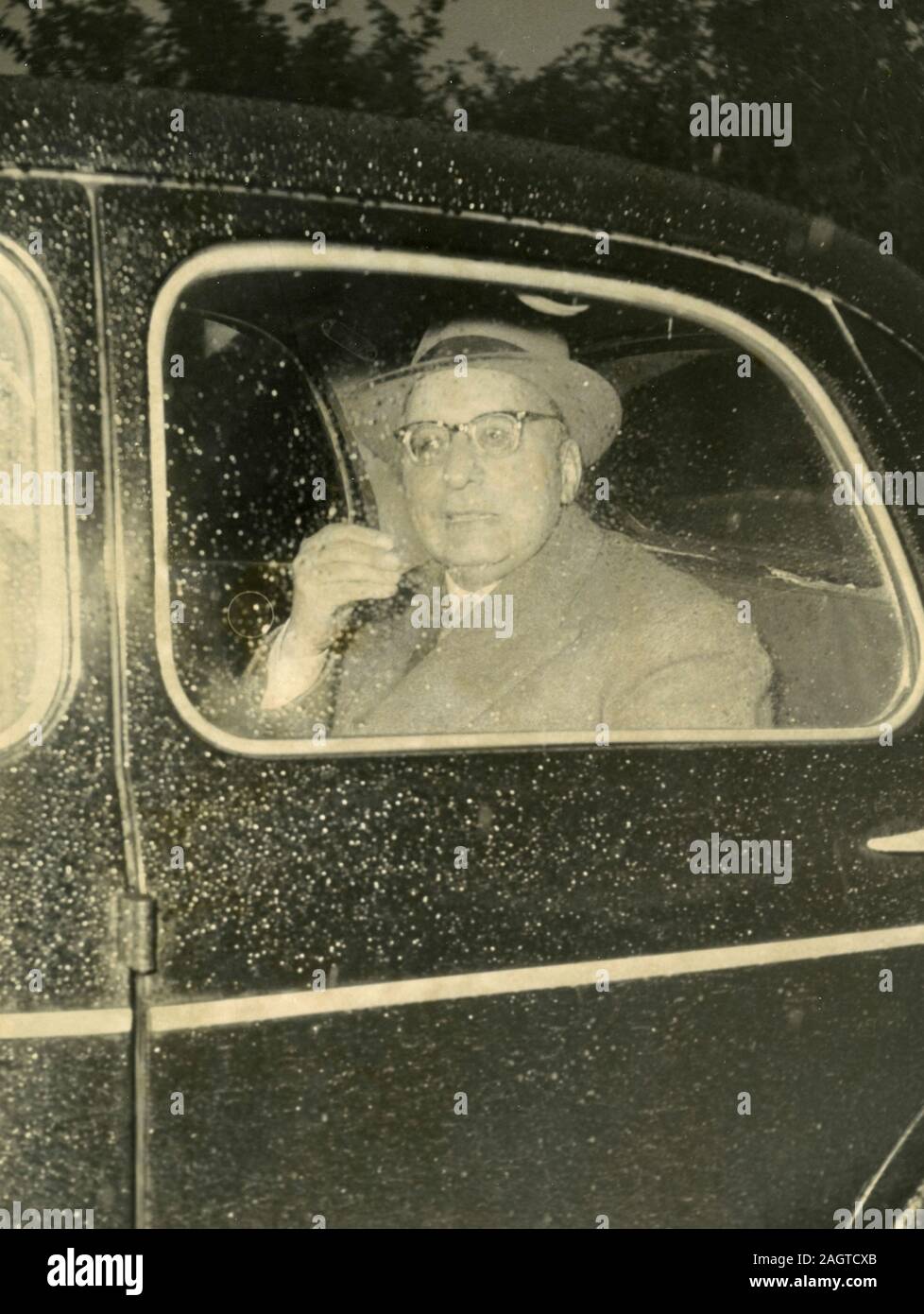 Italian politician Oronzo Reale, Secretary of PRI Party in the car, Rome, Italy 1960s Stock Photo