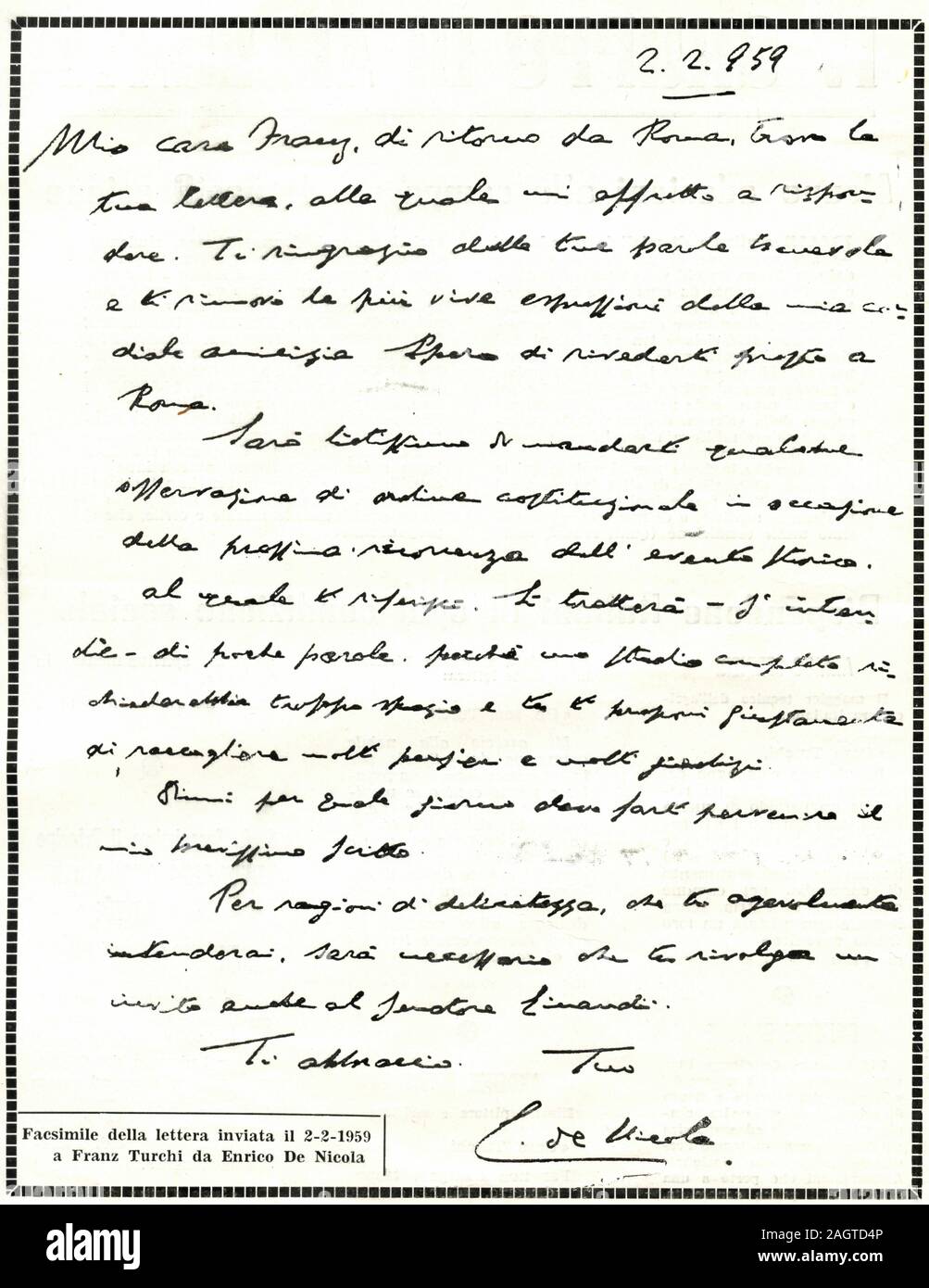 Fac-simile of the letter sent to Franz Turchi (director of Secolo d'Italia) by Italian President of the Republic Enrico De Nicola on February the 2, 1959, Rome, Italy Stock Photo