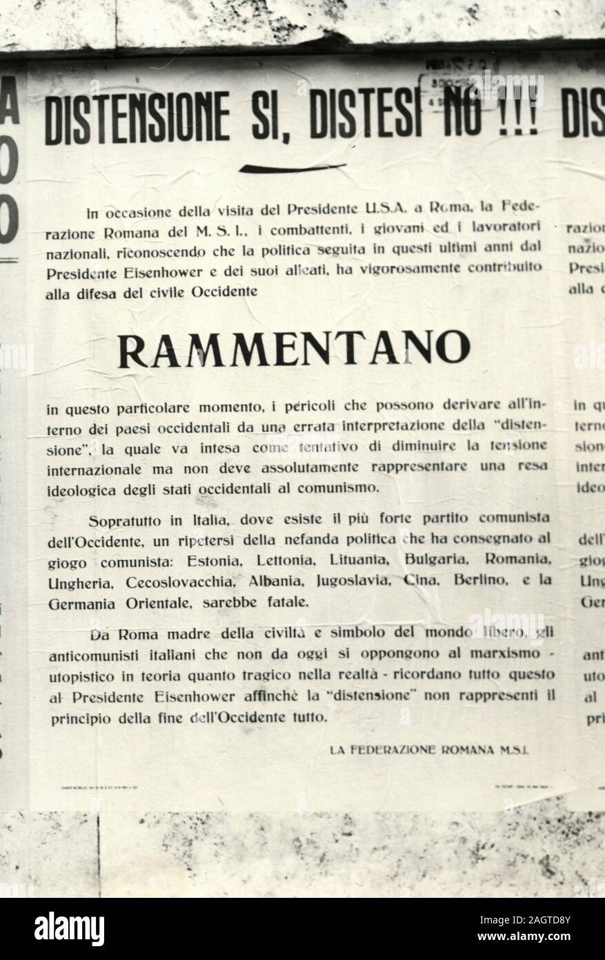 Poster of the MSI Italian Party on the occasion of the visit of US President Dwight Eisenhower to Rome,Italy 1960s Stock Photo
