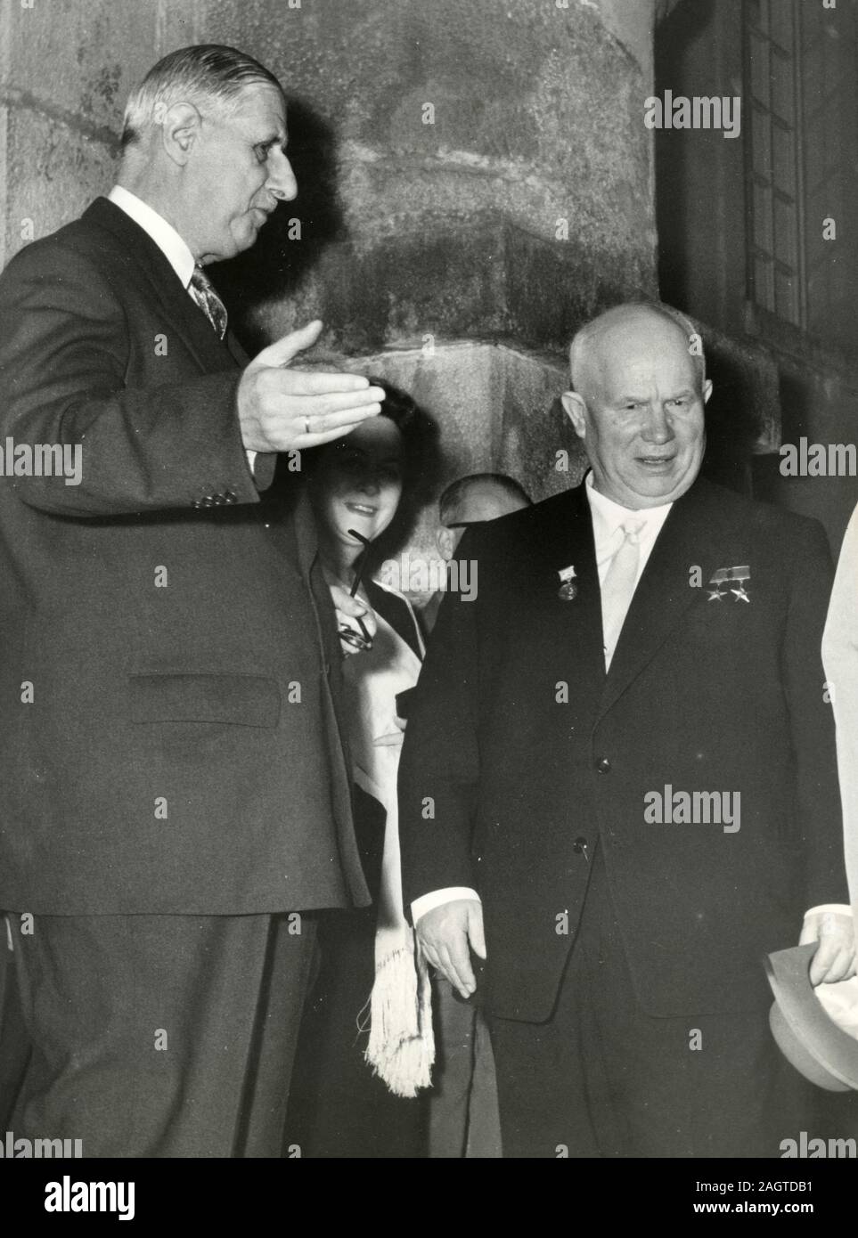French President Charles De Gaulle greets USSR Premier Nikita Khrushchev, Rambouillet, France 1960 Stock Photo