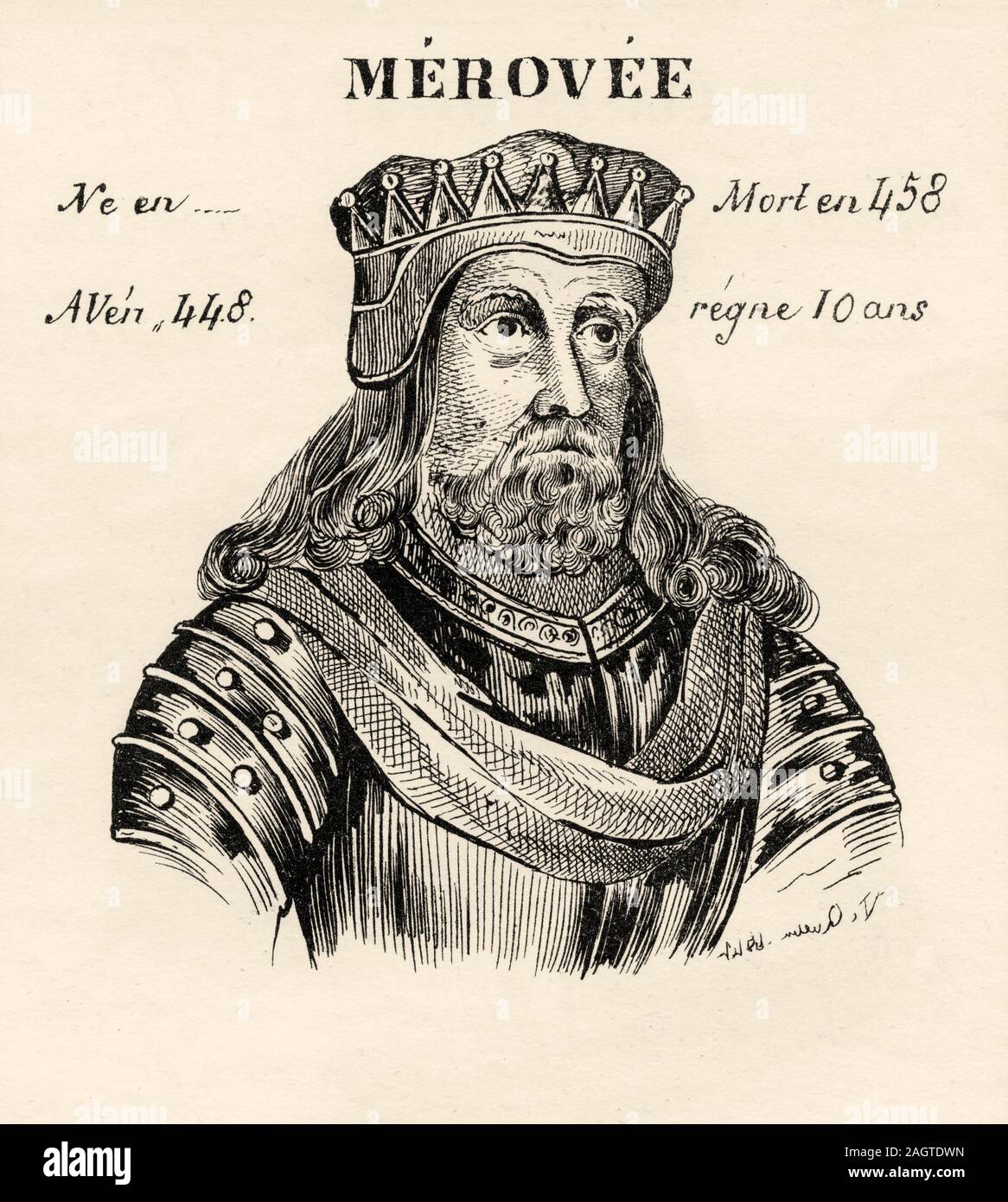 Portrait of Merovech, Meroveus, Merovechus, Merovius or Mérovée (412 - 457). King of France from 448 to 458. Merovingian Dynasty. History of France, f Stock Photo