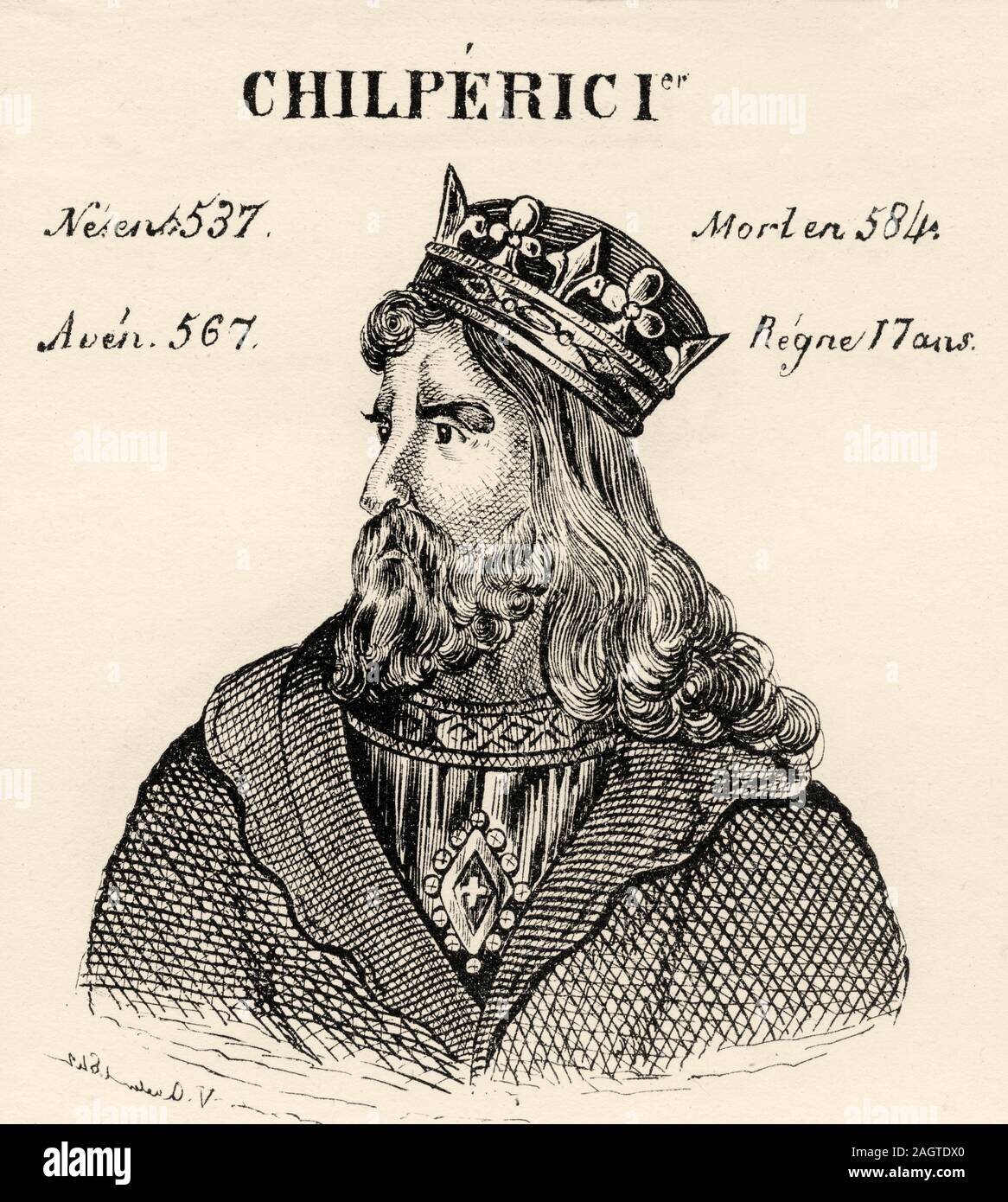 Portrait of Chilperic I (537 - 584). King of France from 567 to 584. Merovingian Dynasty. History of France, from the book Atlas de la France 1842 Stock Photo