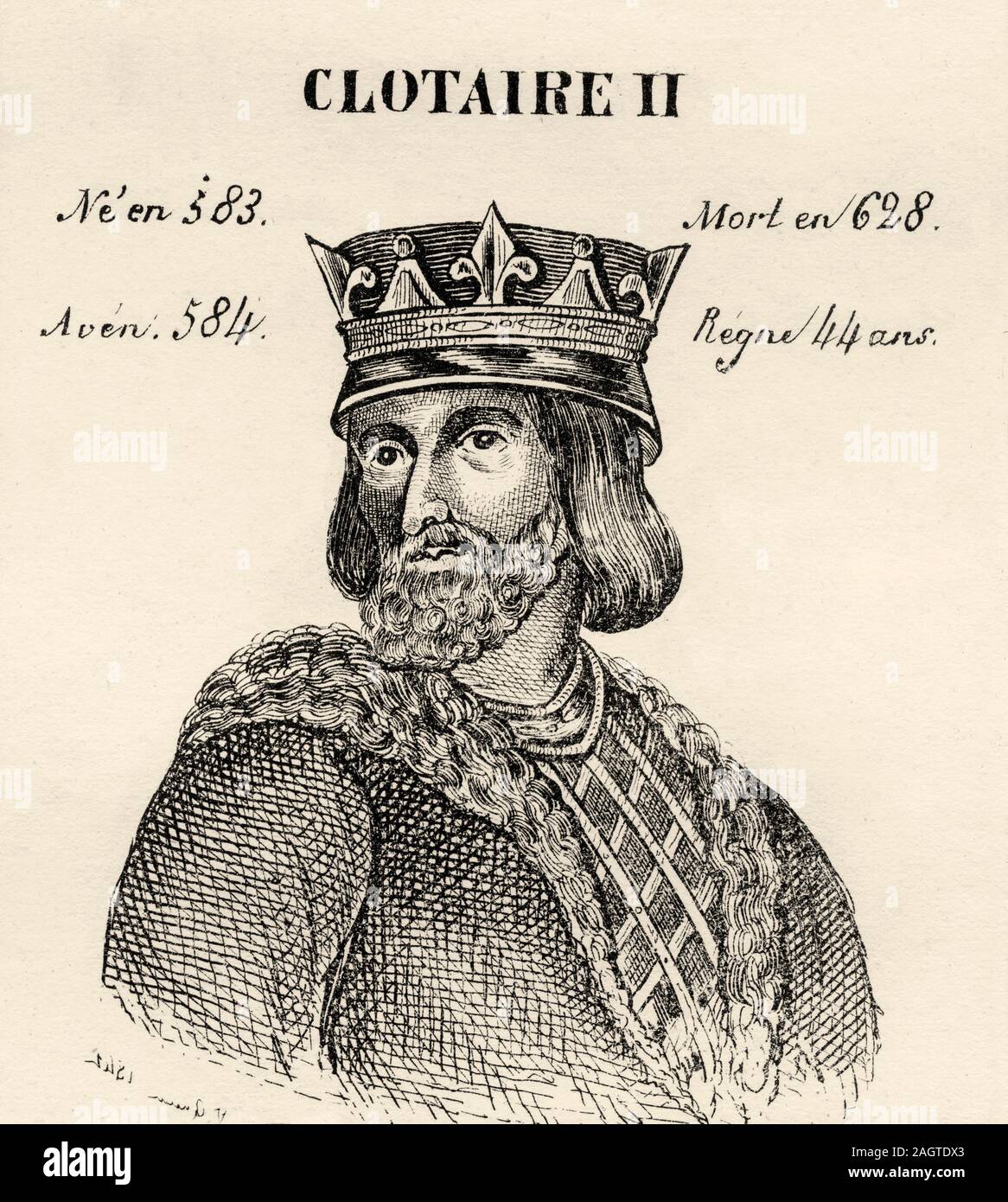 Portrait of Chlothar II the Great, the Young or Clotaire II (583 - 628). King of France from 584 to 628. Merovingian Dynasty. History of France, from Stock Photo