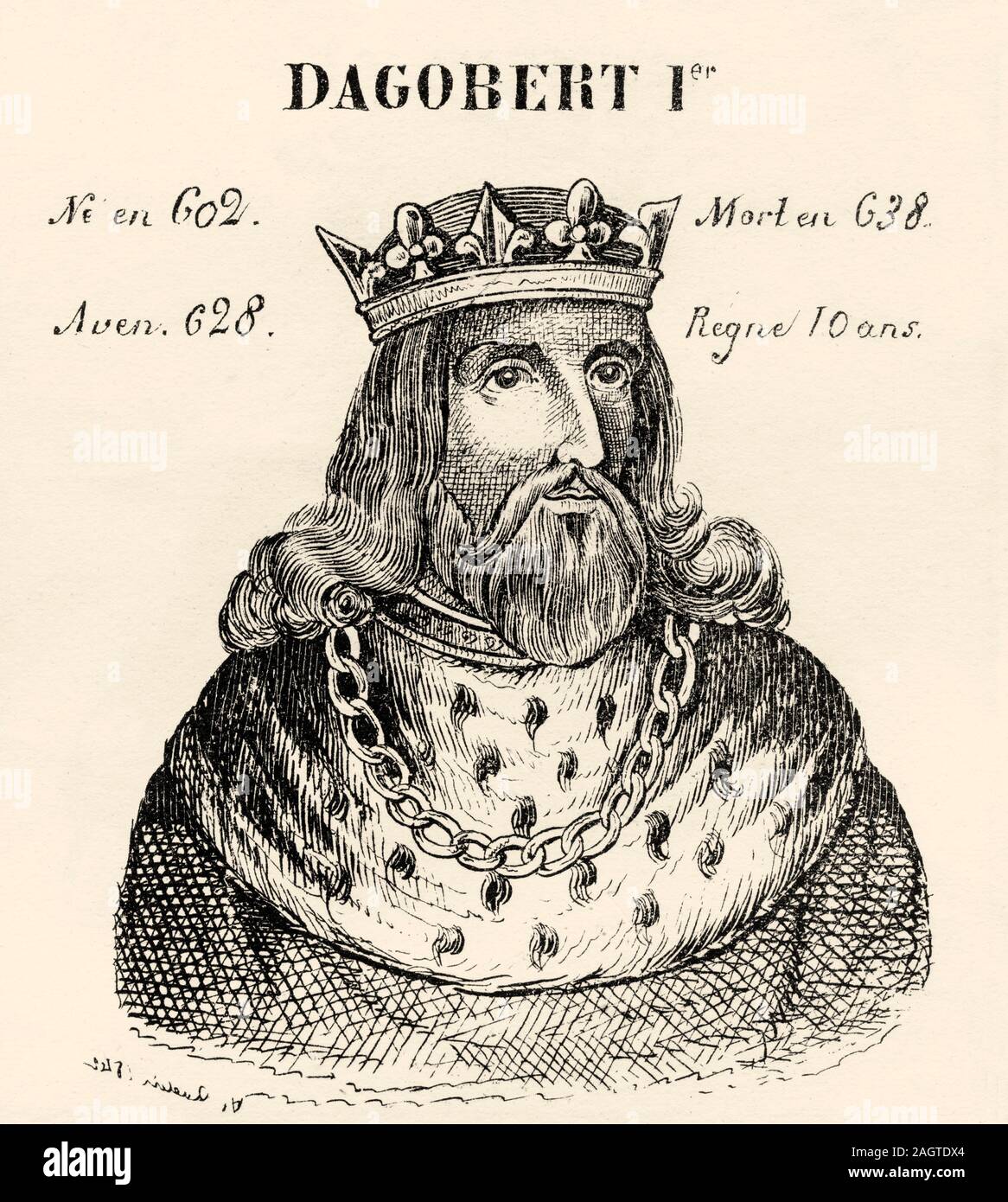 Portrait of Dagobert I (602 - 638). King of France from 628 to 638. Merovingian Dynasty. History of France, from the book Atlas de la France 1842 Stock Photo