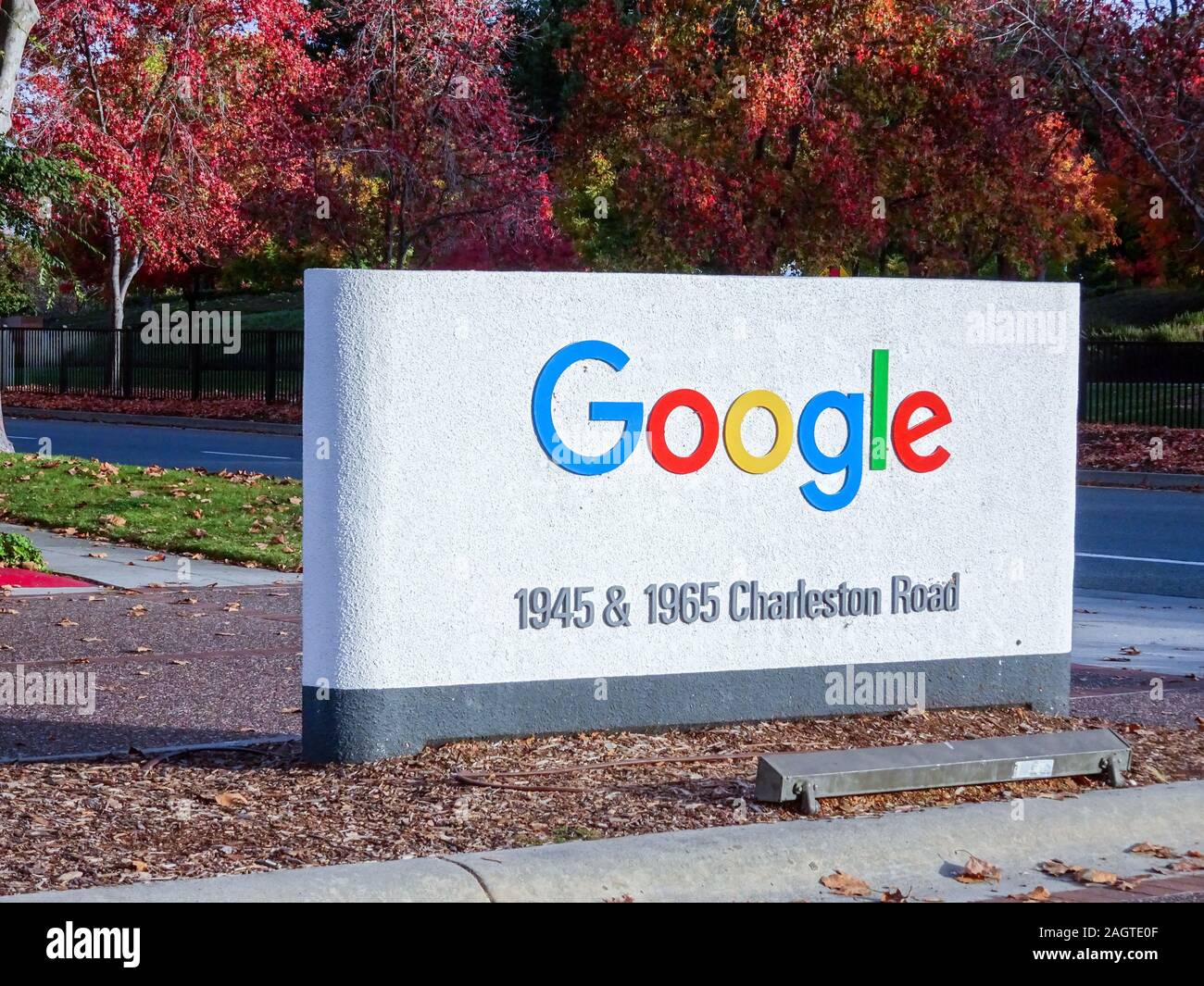 Google logo signage trees with red leaves in fall season on 1945 charleston road, Mountain view, california, USA, Dec 2019 Stock Photo
