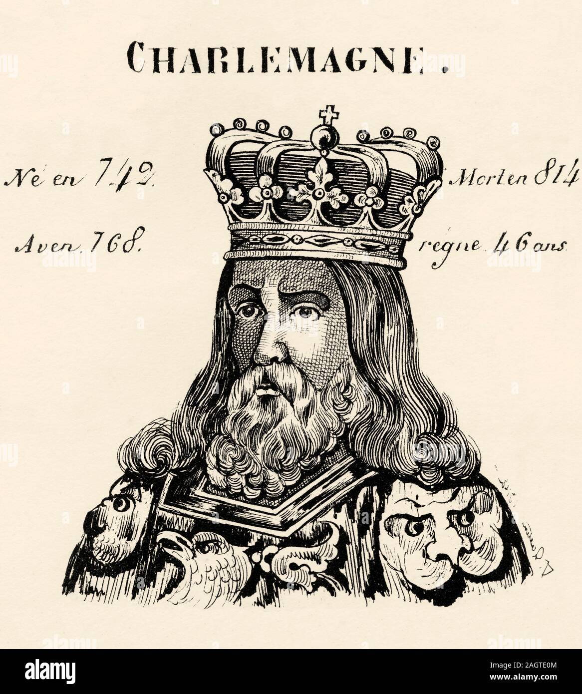 Portrait of Charlemagne (742 - 814). King of France from 768 to 814. Carolingian Dynasty. History of France, from the book Atlas de la France 1842 Stock Photo