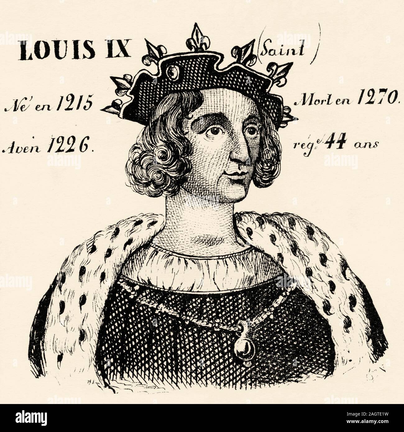 Portrait of Louis IX the Saint (1215 - 1270). King of France from 1226 to 1270. House of Capet, Direct Capetians or House of France.  History of Franc Stock Photo