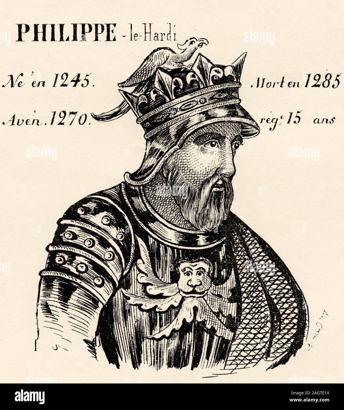 Portrait of Philippe III the Bold (1245 - 1285). King of France from 1270 to 1285. House of Capet, Direct Capetians or House of France.  History of Fr Stock Photo