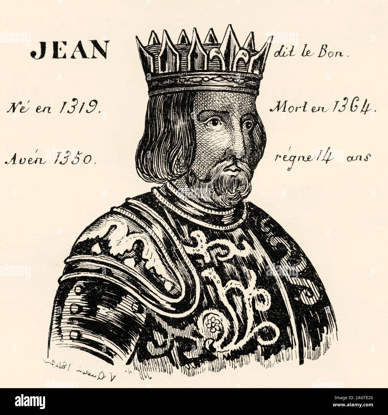 Portrait of Jean the Good (1319 - 1364). King of France from 1350 to 1364. House of Valois. History of France, from the book Atlas de la France 1842 Stock Photo