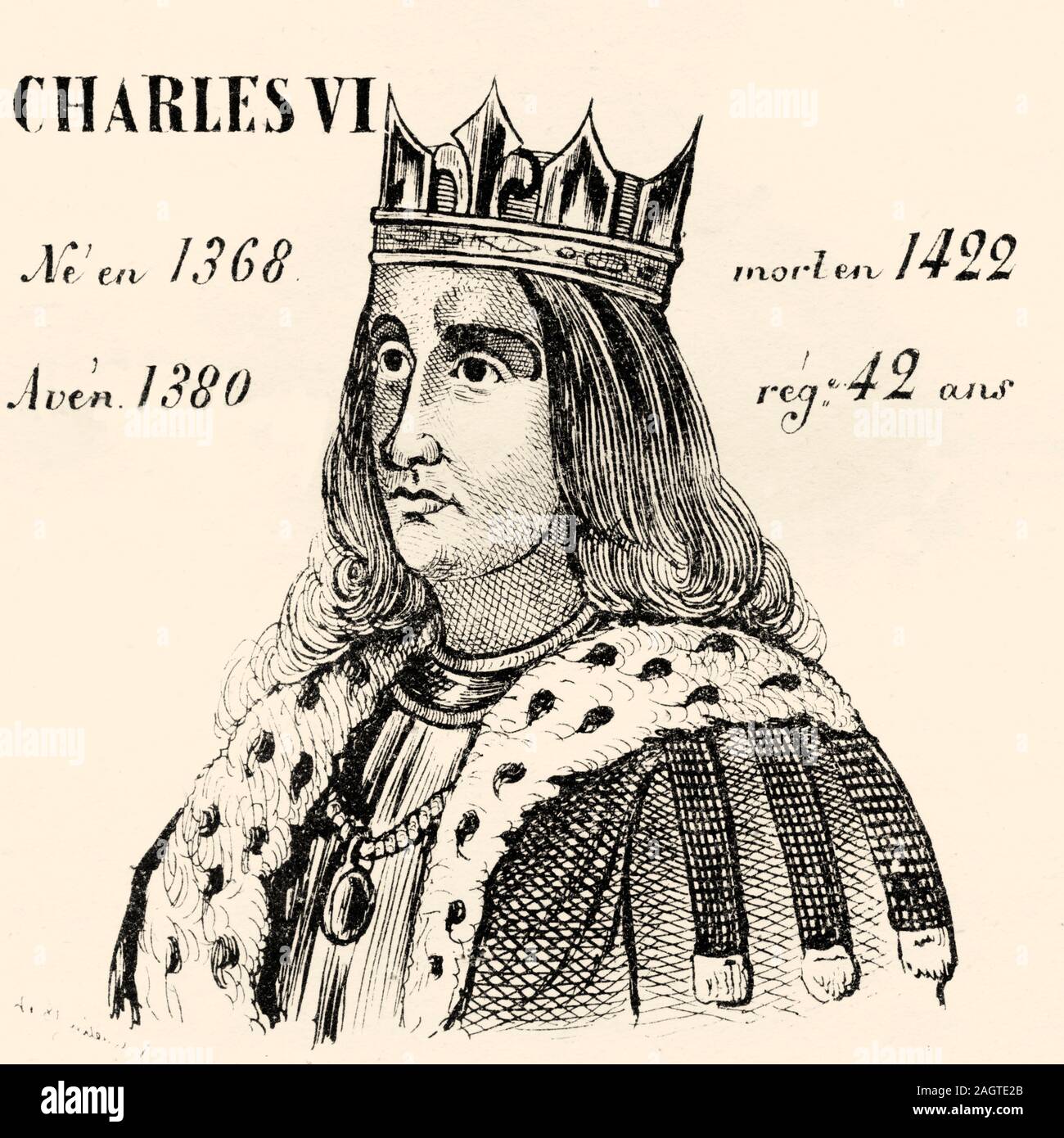 Portrait of Charles VI the Beloved, the Mad (1368 - 1422). King of France from 1380 to 1422. House of Valois. History of France, from the book Atlas d Stock Photo