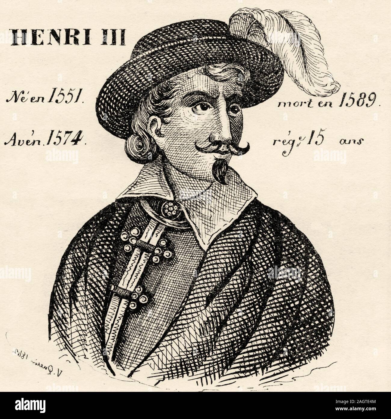 Portrait of Henri III (1551 - 1589). King of France from 1574 to 1589. Valois–Angoulême Branch. History of France, from the book Atlas de la France 18 Stock Photo