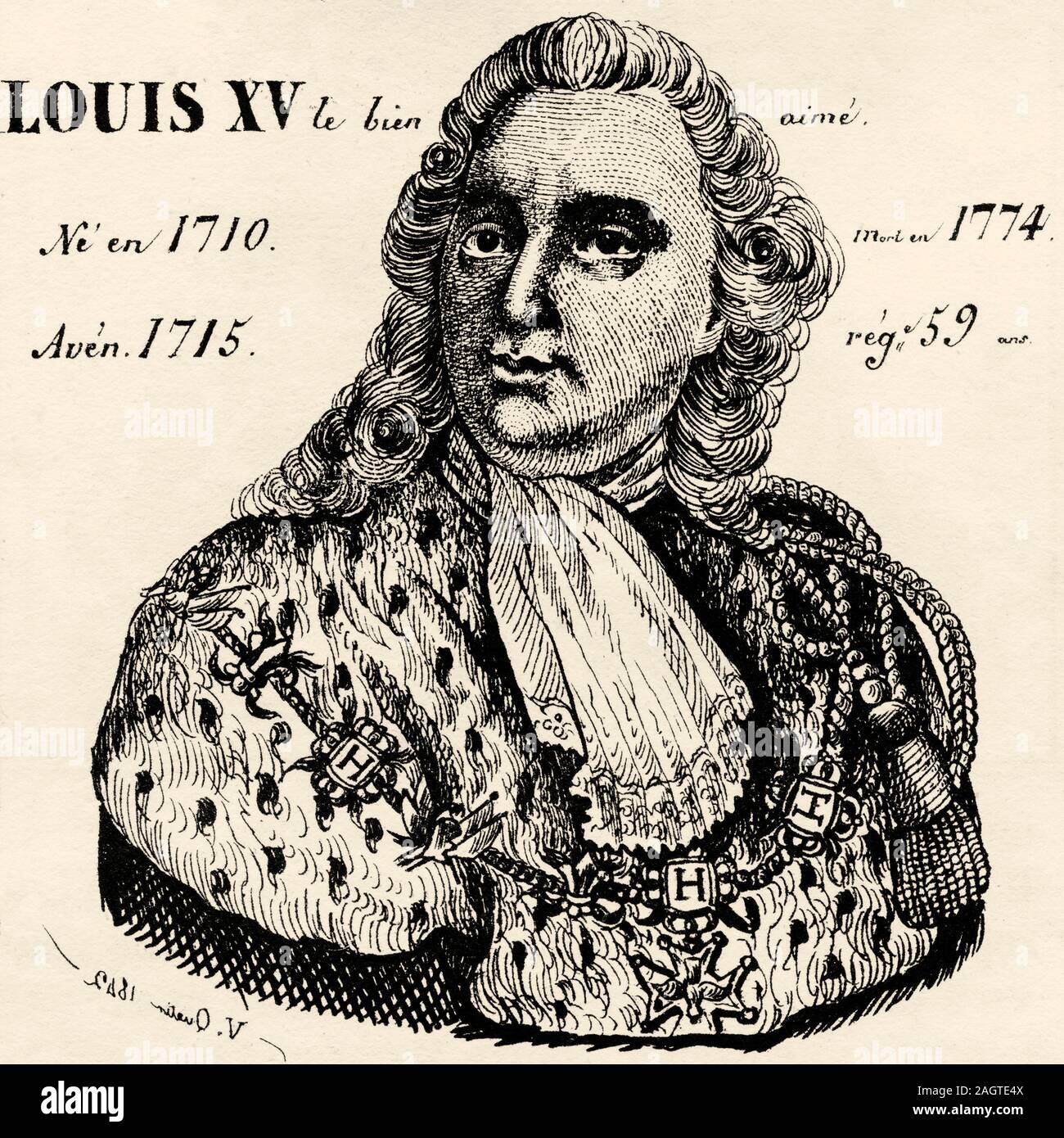 Portrait of Louis XV the Beloved (1710 - 1774). King of France from 1715 to 1774. House of Bourbon. History of France, from the book Atlas de la Franc Stock Photo