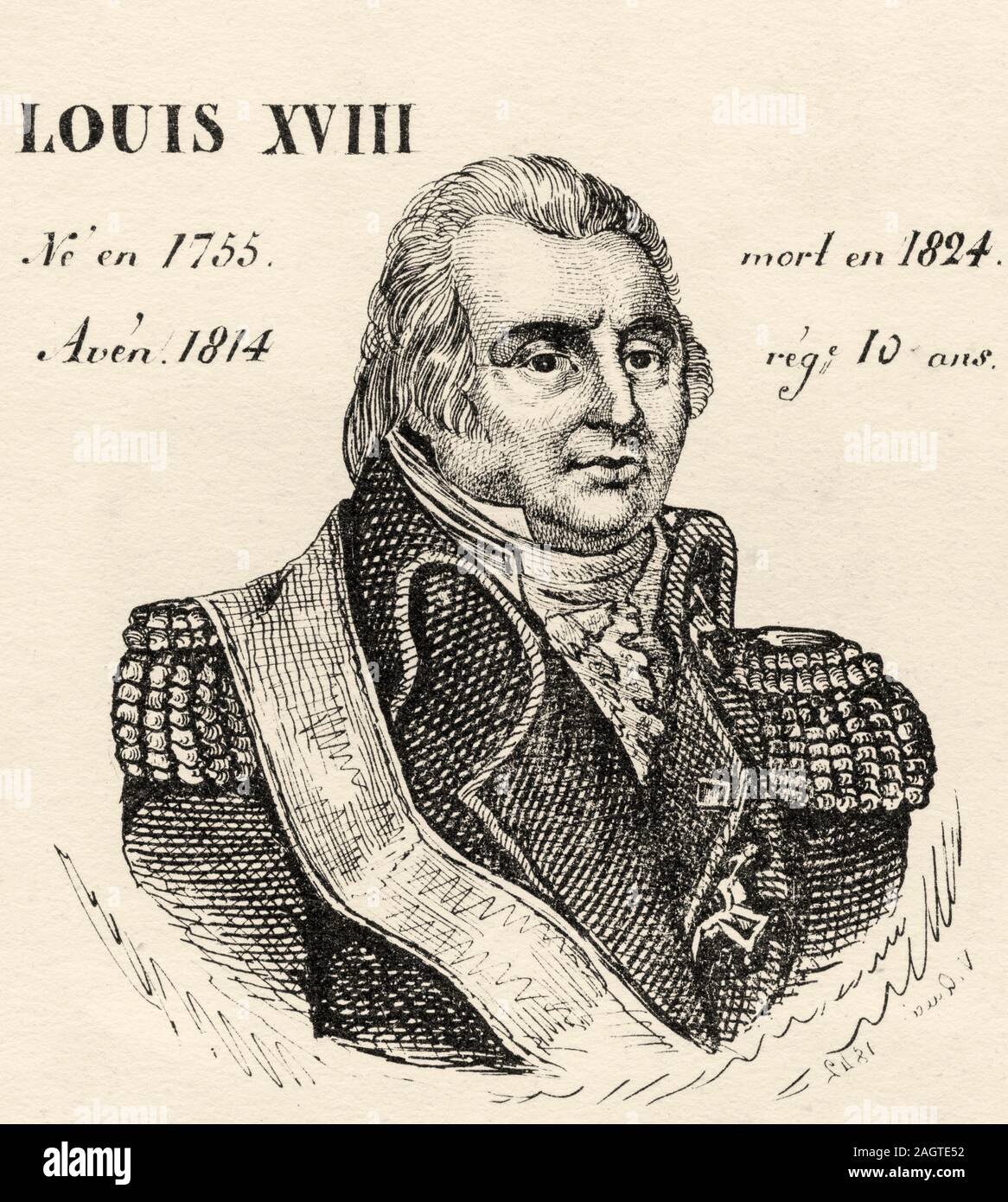 Portrait of Louis XVIII (1755 - 1824). King of France from 1814 to 1824. House of Bourbon. History of France, from the book Atlas de la France 1842 Stock Photo