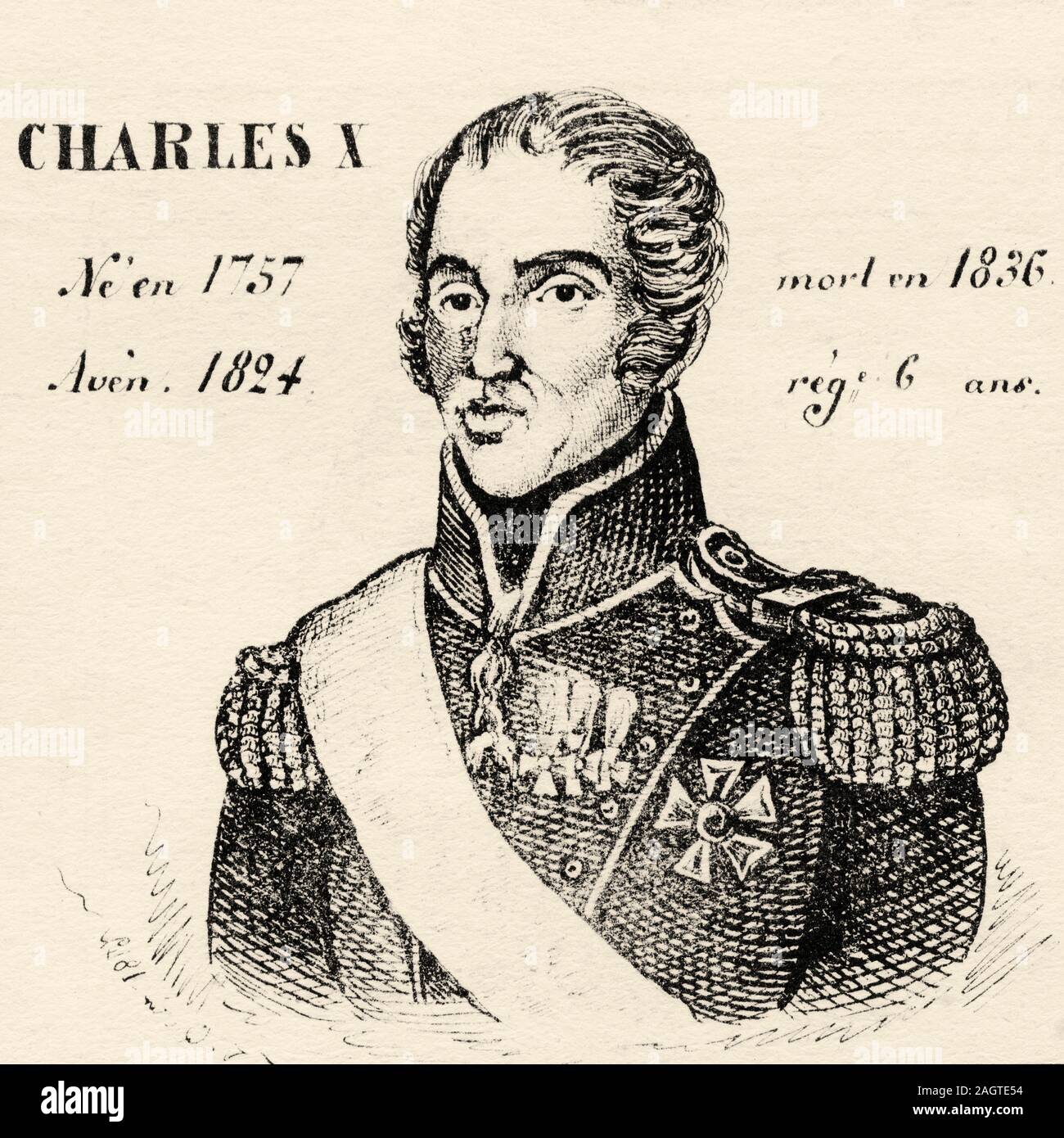 Portrait of Charles X (1757-1836). King of France from 1824 to 1836. House of Bourbon. History of France, from the book Atlas de la France 1842 Stock Photo