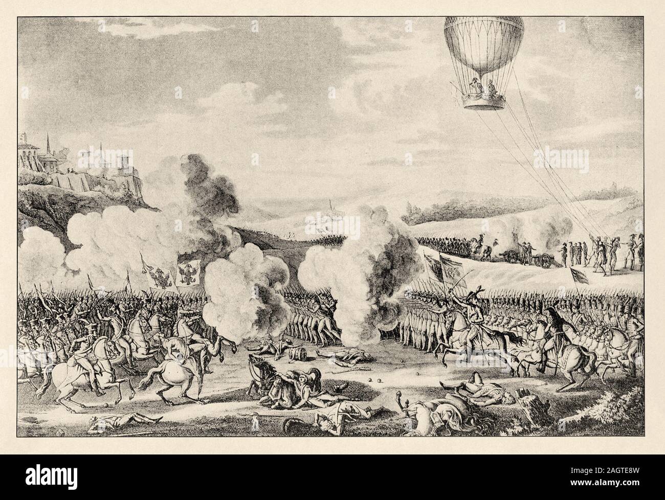 Battle of Fleurus June 26, 1794. French Revolutionary Wars. French defeat of the Austrians, and their allies. The first use of a hot air balloon for a Stock Photo