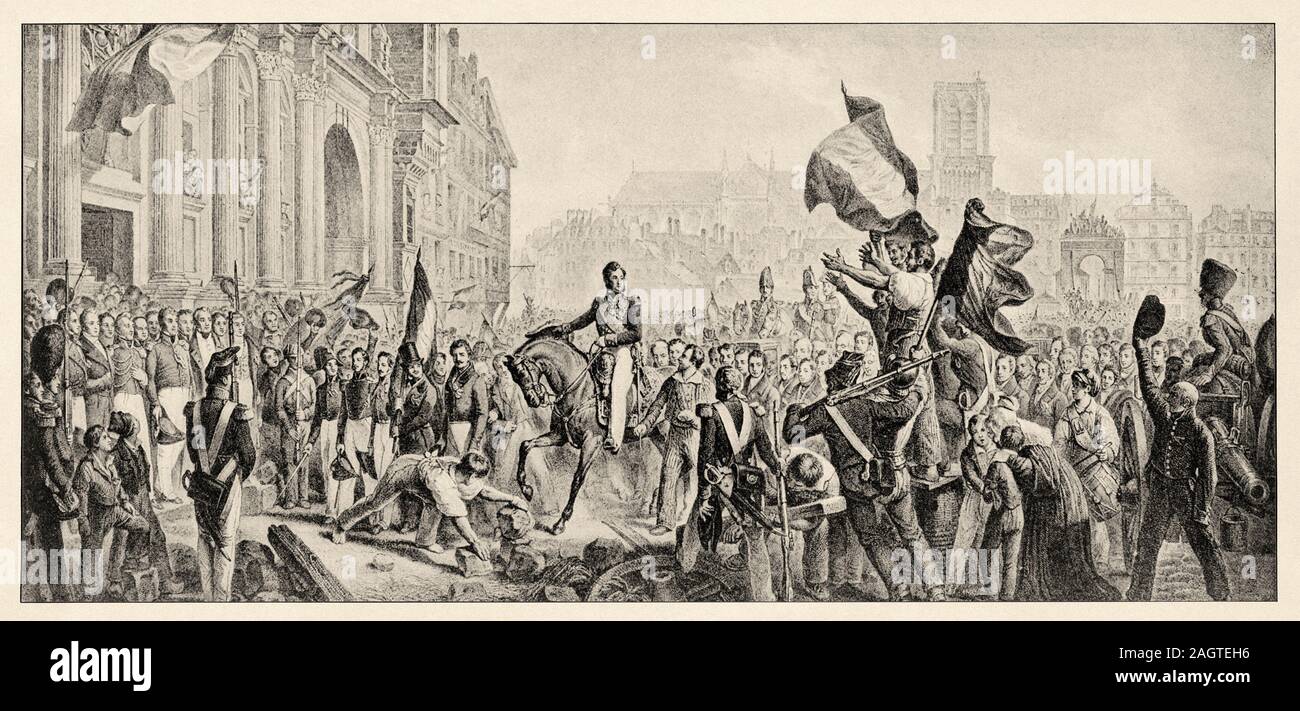 Louis-Philippe, duc d'Orleans, acclaimed by the people of Paris as he rides through their streets on his way to the Hotel de Ville. History of France, Stock Photo