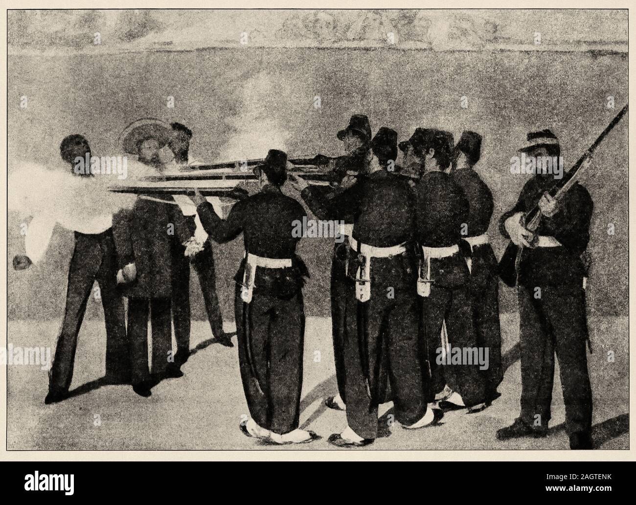 Mexican war. Execution of Emperor Maximilian of Mexico, General Miguel Miramón, and General Tomás Mejia by firing squad. History of France, old engrav Stock Photo