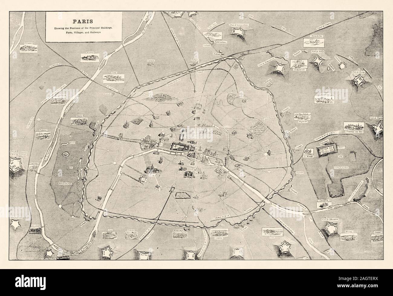 Overview of Paris in 1870, of its main monuments of the line of enciente and its external forts. The siege of Paris is an episode of the Franco-German Stock Photo