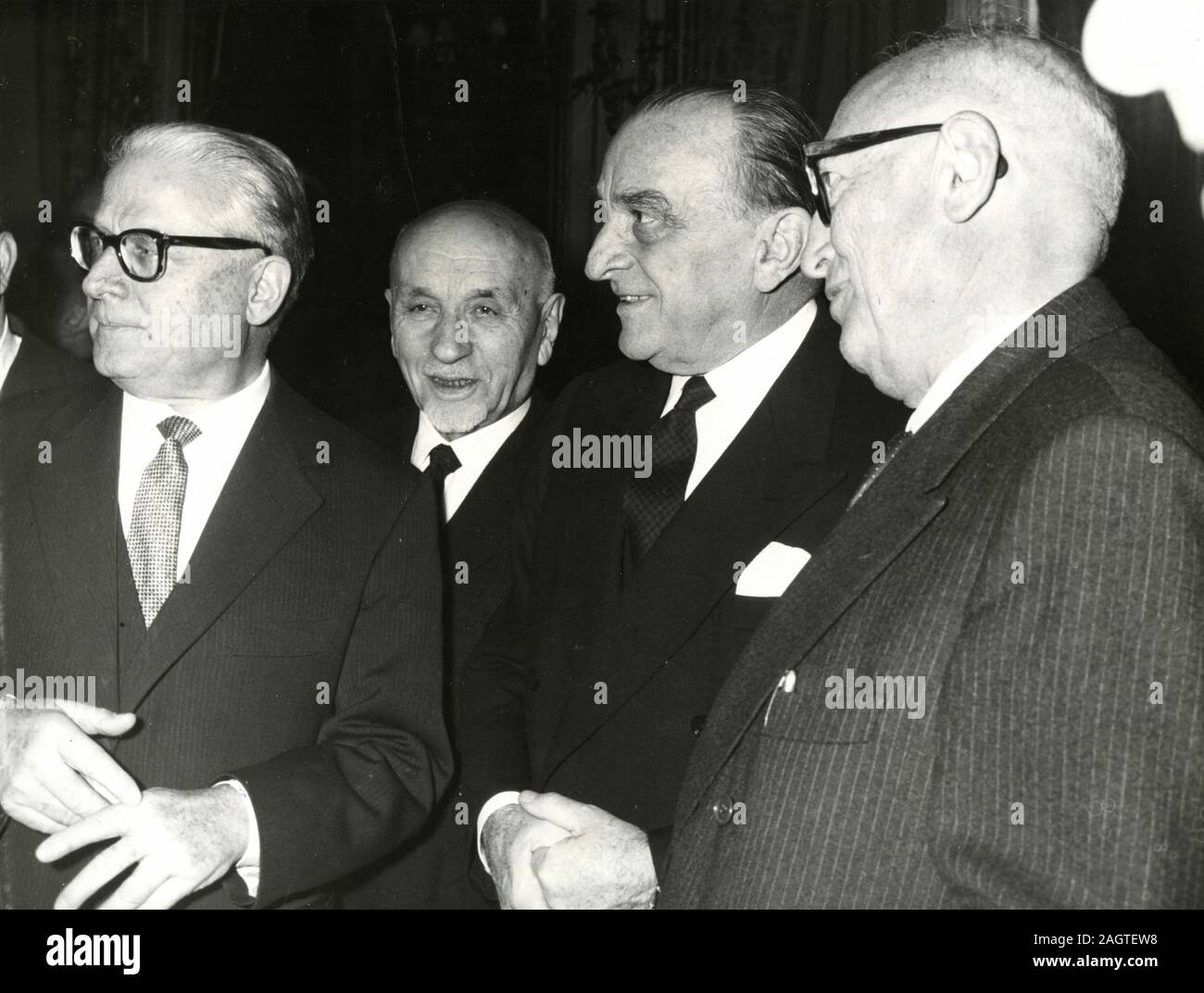 Italian politicians Giovanni Gronchi, Giovanni Battista Bertone, President of the senate Cesare Merzagora, and Pietro Nenni, Rome, Italy 1950s Stock Photo