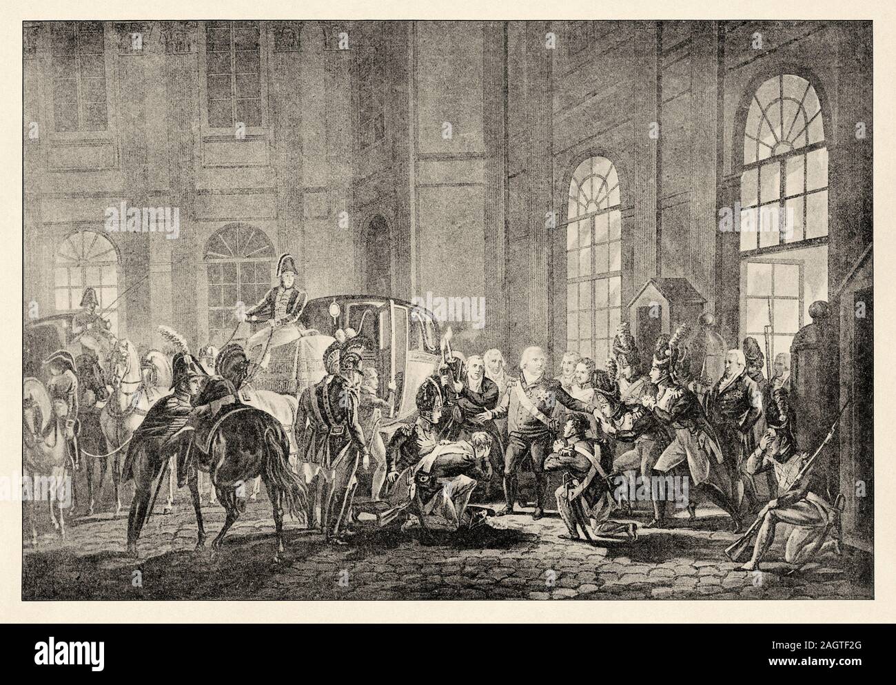 The departure of King Louis XVIII on March 2, 1815. History of France, old engraved illustration image from the book Histoire contemporaine par l'imag Stock Photo