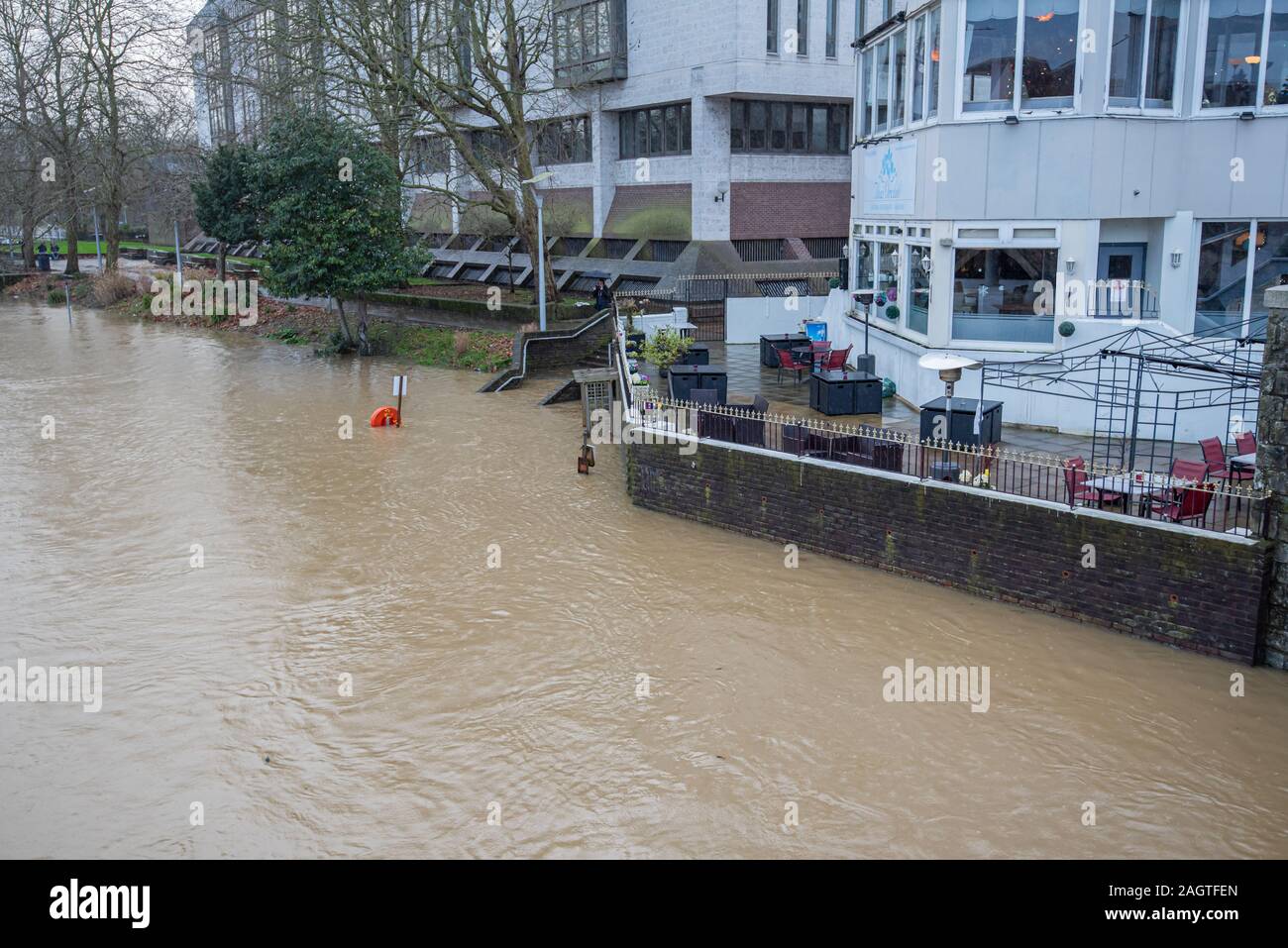 Maidstone, Kent, England - Dec 21 2019: Maidstone city centre during the flood of Medway river Stock Photo