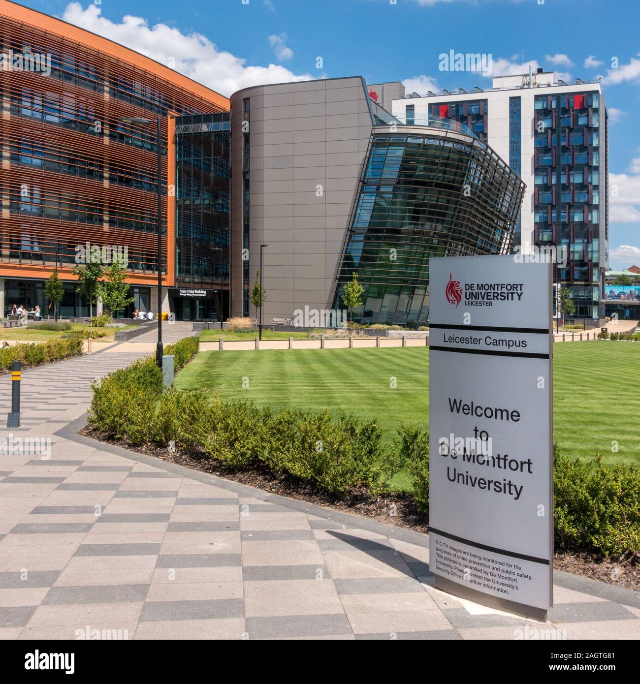 New, modern architecture of the Vijay Patel Building near entrance to De Montford University Campus, Leicester, England, UK Stock Photo