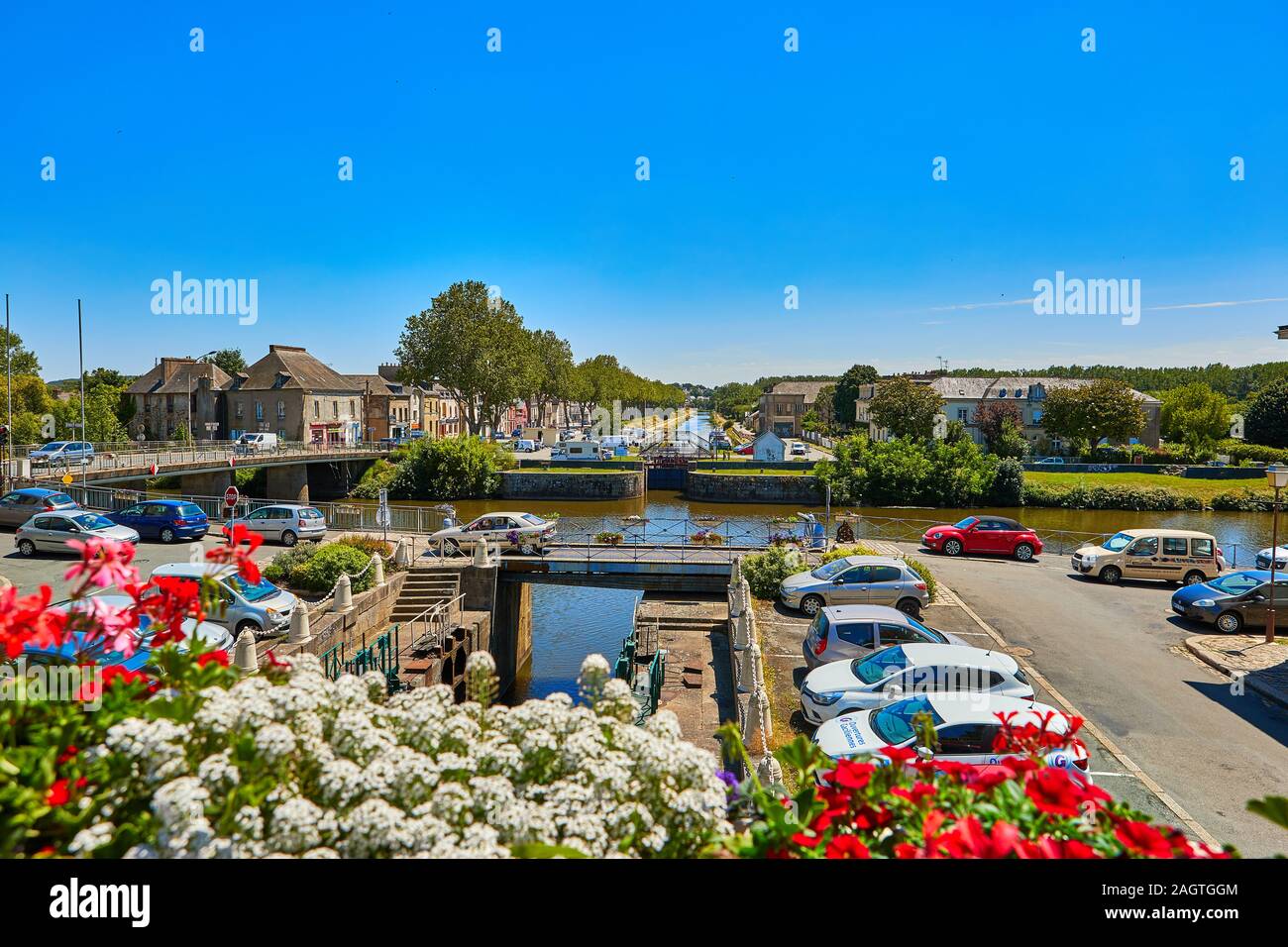 Image of Redon, Brittany, France.  Redon is a popular tourist destination with the junction between the Villain River and the Nantes - Rennes canal. Stock Photo