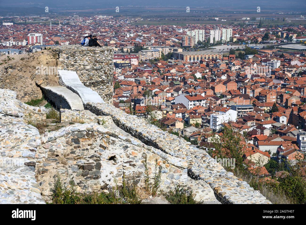 Looking down on the city of Prizren from the battlements of Dusan's fortress. Republic of Kosovo, central Balkans. Stock Photo