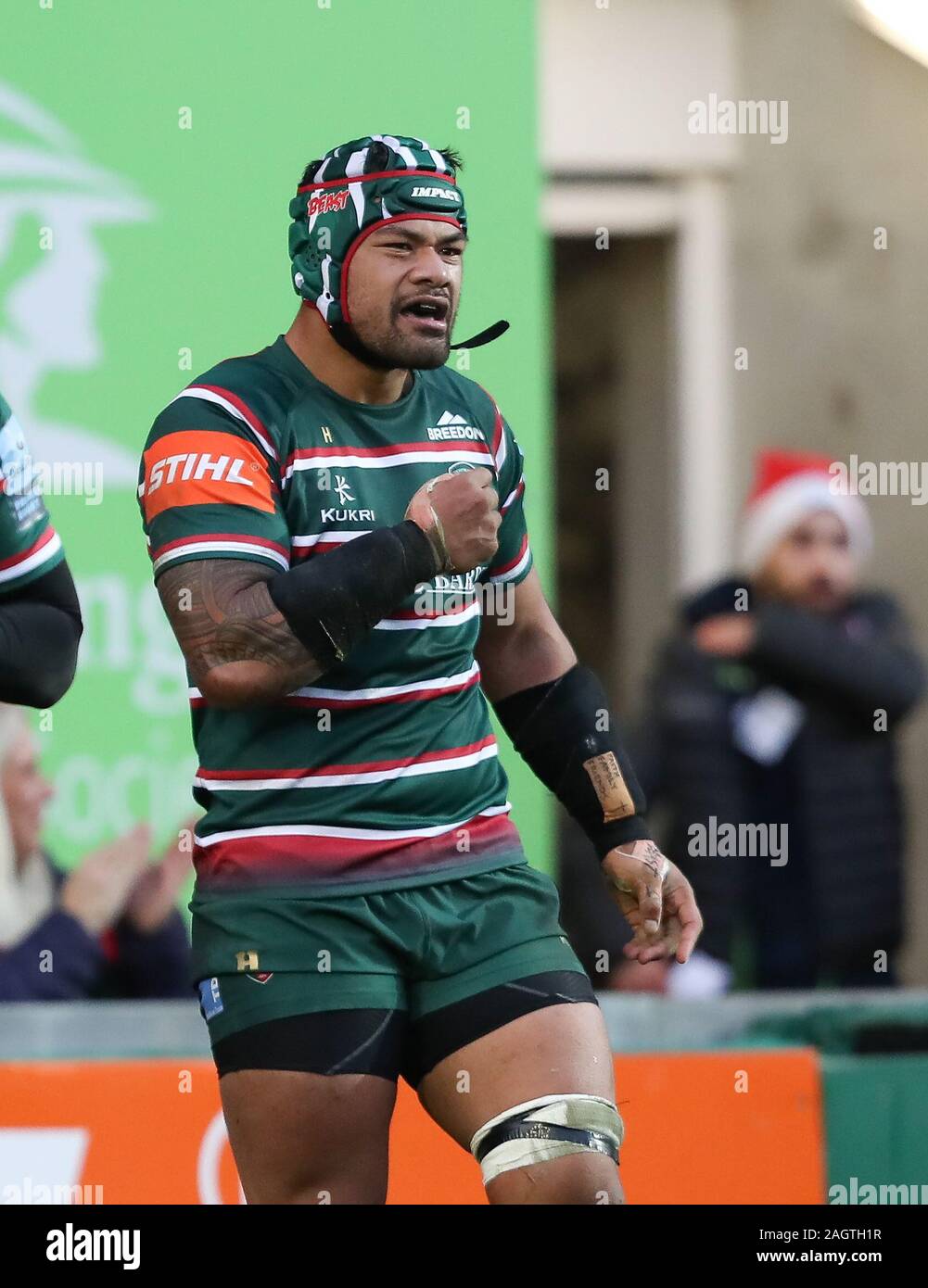 21.12.2019 Leicester, England. Rugby Union. Jordan Taufua celebrates  scoring for Tigers in the 13th minutes of the Gallagher Premiership round 6  match played between Leicester Tigers and Exeter Chiefs at the Welford