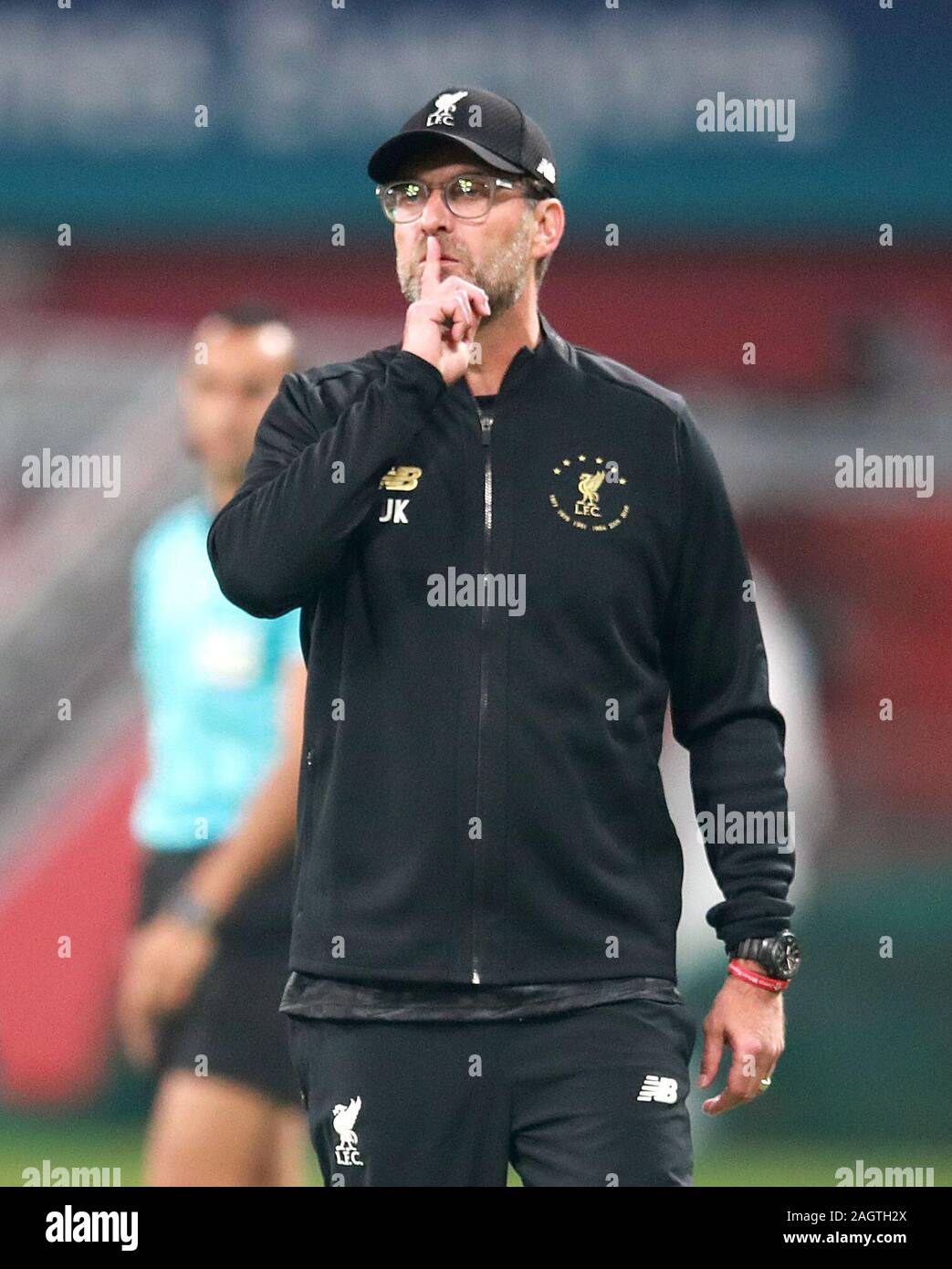 Liverpool manager Jurgen Klopp gestures on the touchline during the FIFA Club World Cup final at the Khalifa International Stadium, Doha. Stock Photo