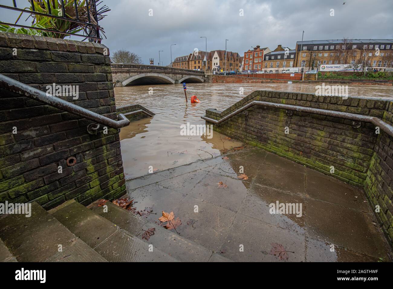 Maidstone, Kent, England - Dec 21 2019: City centre, Broadway bridge during the flood of the Medway river Stock Photo