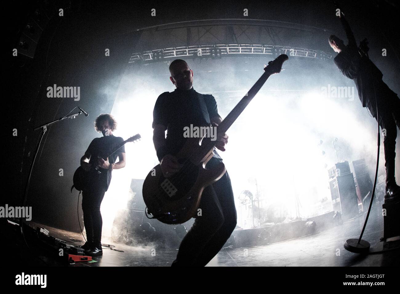 Oslo, Norway. 19th, December 2019. The alternative Norwegian rock band Seigmen performs a live concert at Sentrum Scene. Here bass player Kim Ljung is seen live on stage. (Photo credit: Gonzales Photo - Terje Dokken). Stock Photo