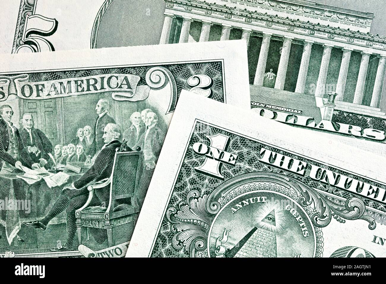 United States one-dollar, two-dollar and five dollar bills Stock Photo