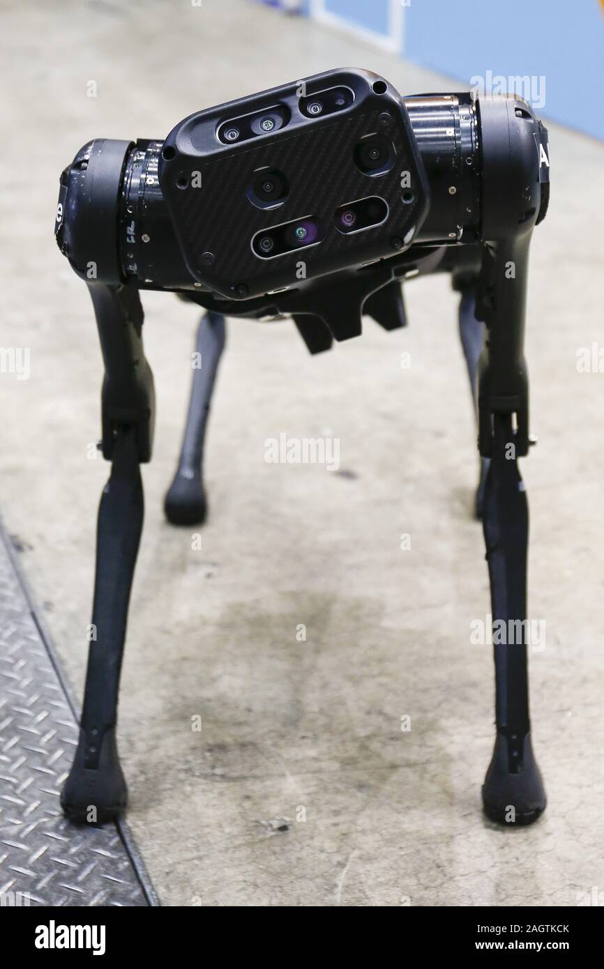 Tokyo, Japan. 21st Dec, 2019. A robot dog AlienGo performs during the  International Robot Exhibition 2019 (iREX2019) in Tokyo Big Sight. The IREX  is the largest robot trade fair in the world